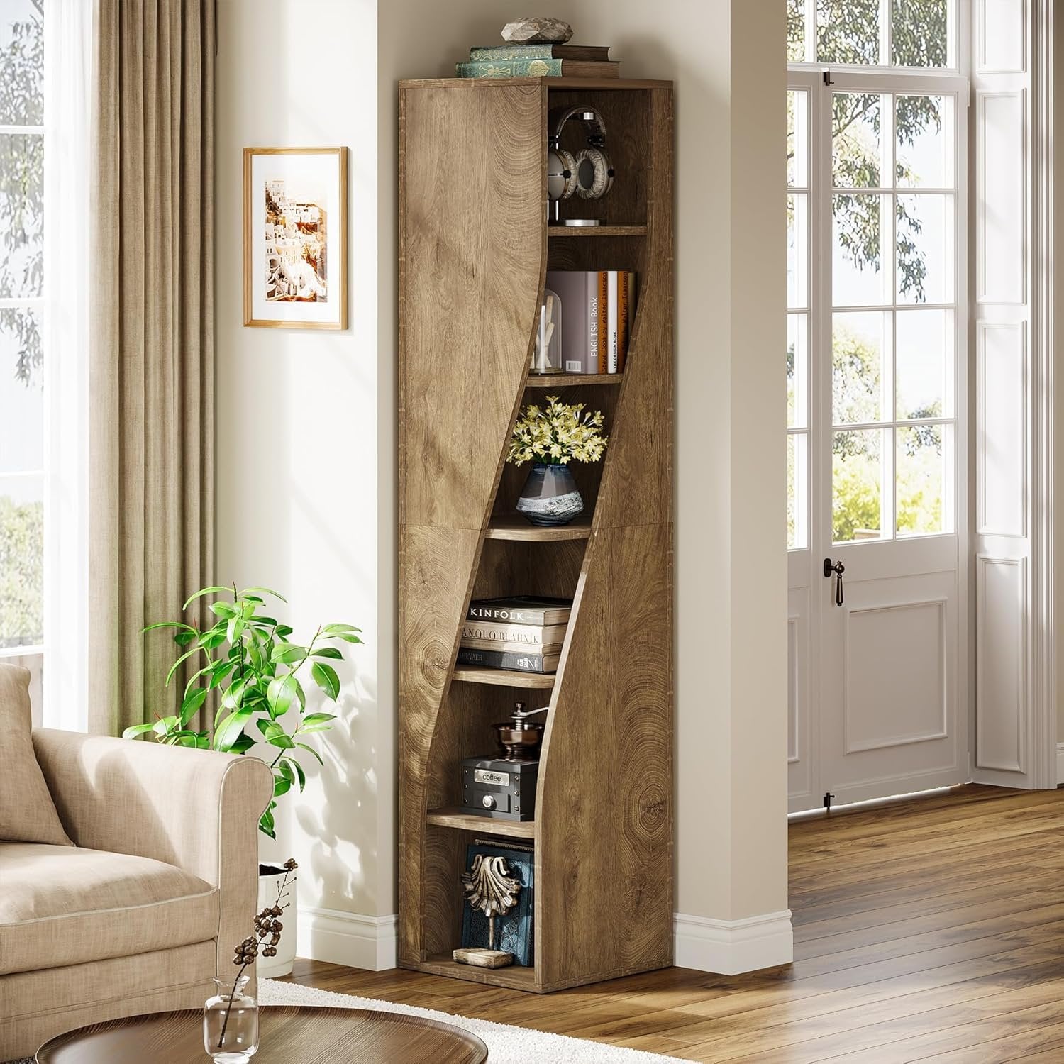 180 cm 6-Etagen-Eckregal - Schmaler Industriestil-Bücherregal in Hellbraun für Wohnzimmer & Homeoffice