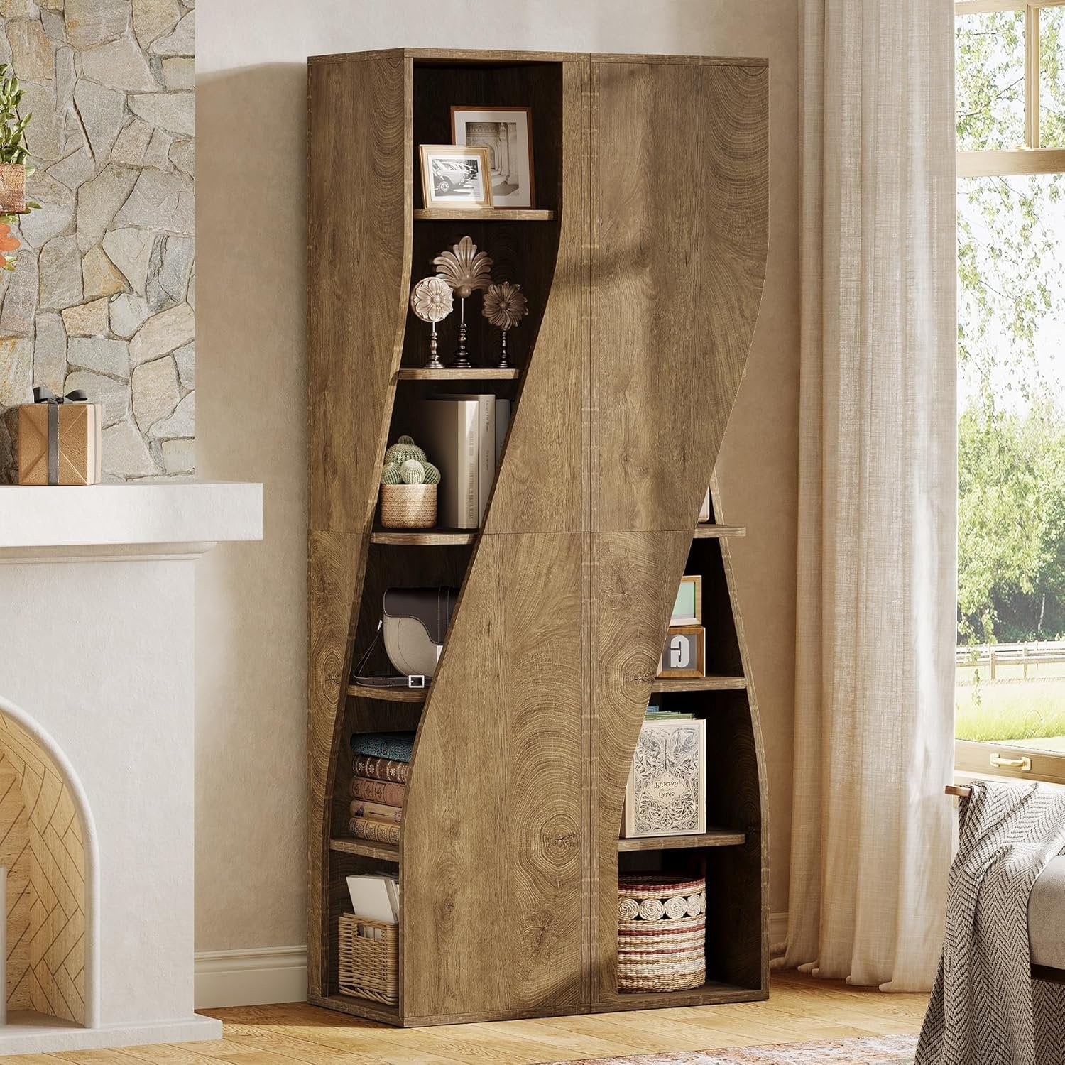 180 cm 6-Etagen-Eckregal - Schmaler Industriestil-Bücherregal in Hellbraun für Wohnzimmer & Homeoffice