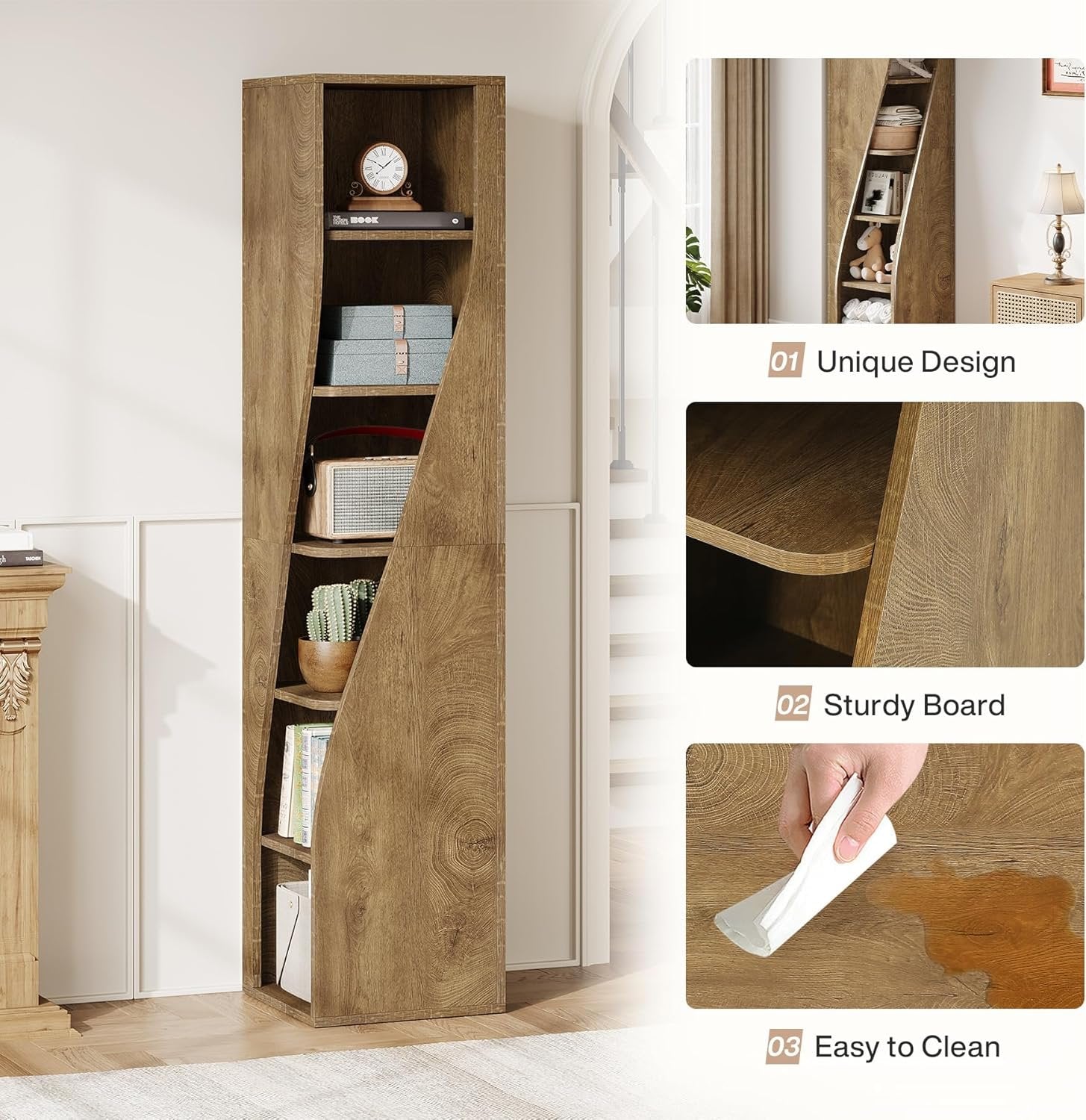 180 cm 6-Etagen-Eckregal - Schmaler Industriestil-Bücherregal in Hellbraun für Wohnzimmer & Homeoffice