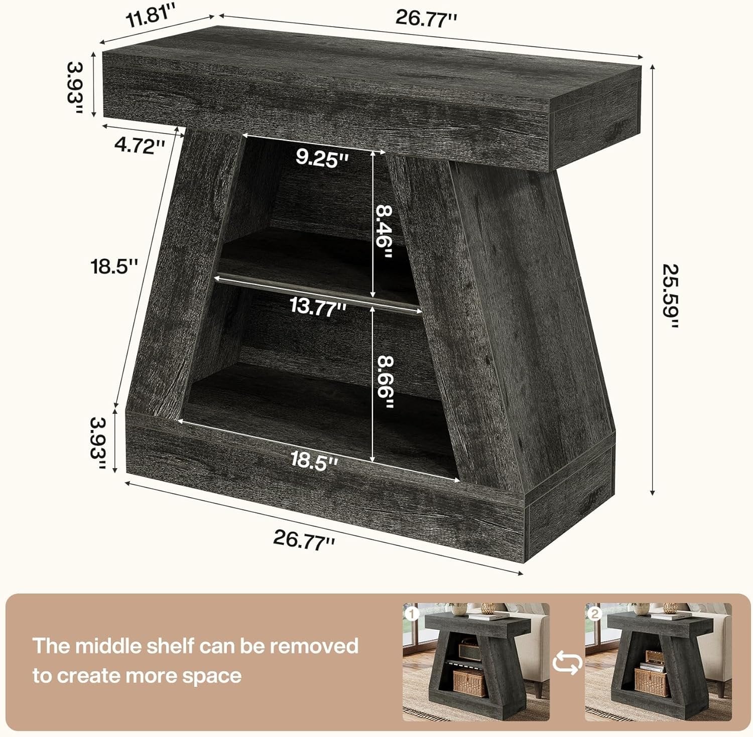 68 cm Landhaus-Konsolentisch für Diele - 3-stöckiger Couchtisch mit Regal für Wohnzimmer & Eingangsbereich