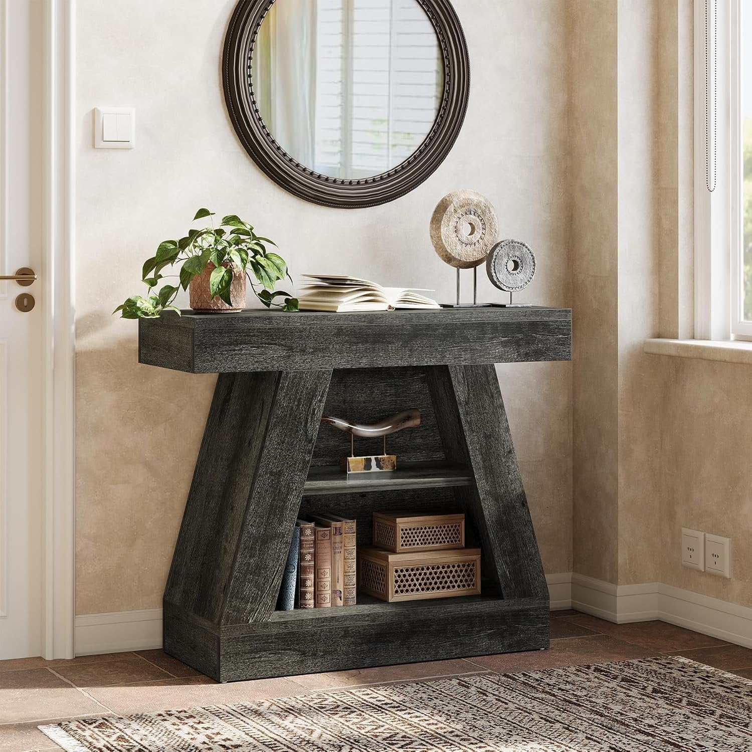 68 cm Landhaus-Konsolentisch für Diele - 3-stöckiger Couchtisch mit Regal für Wohnzimmer & Eingangsbereich
