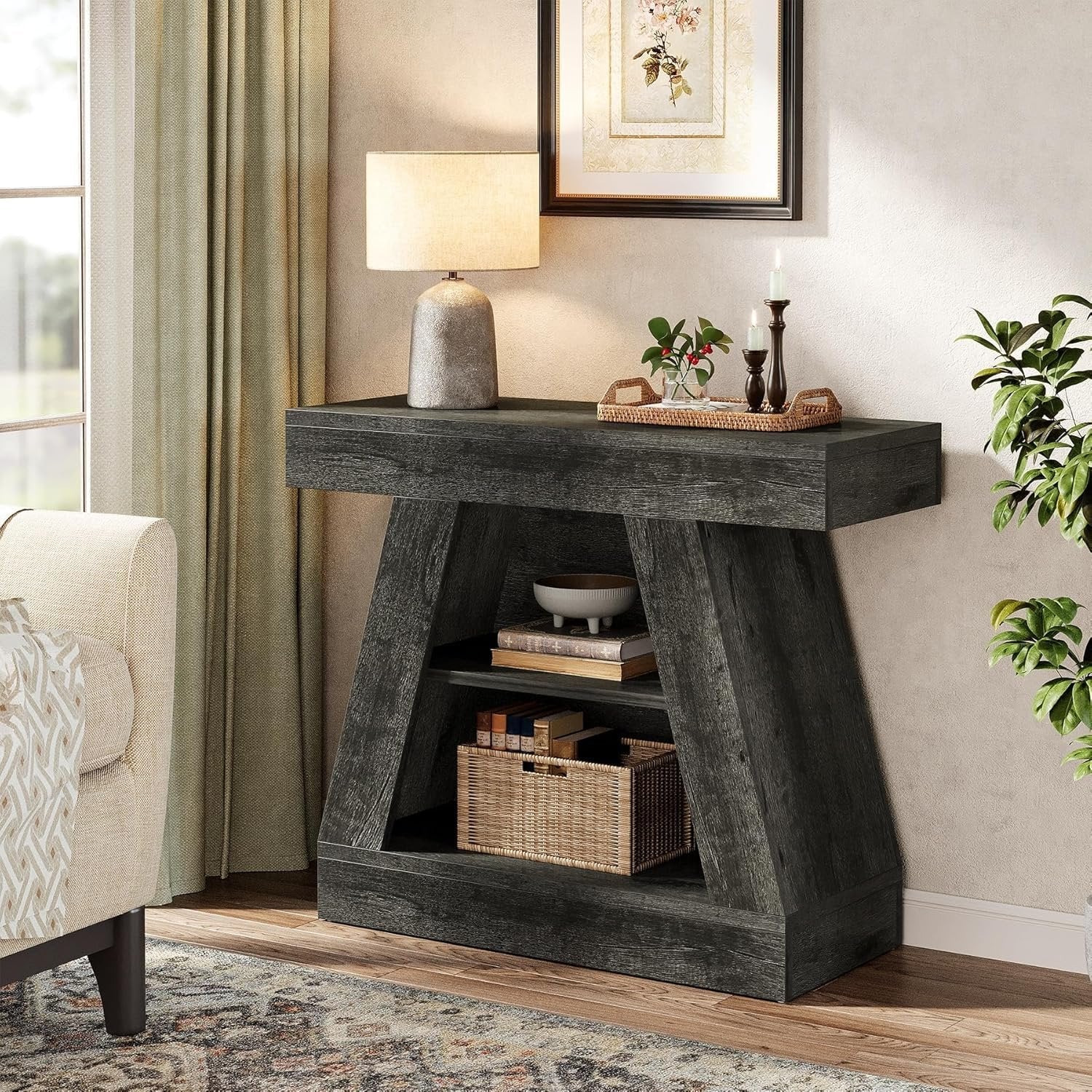 68 cm Landhaus-Konsolentisch für Diele - 3-stöckiger Couchtisch mit Regal für Wohnzimmer & Eingangsbereich