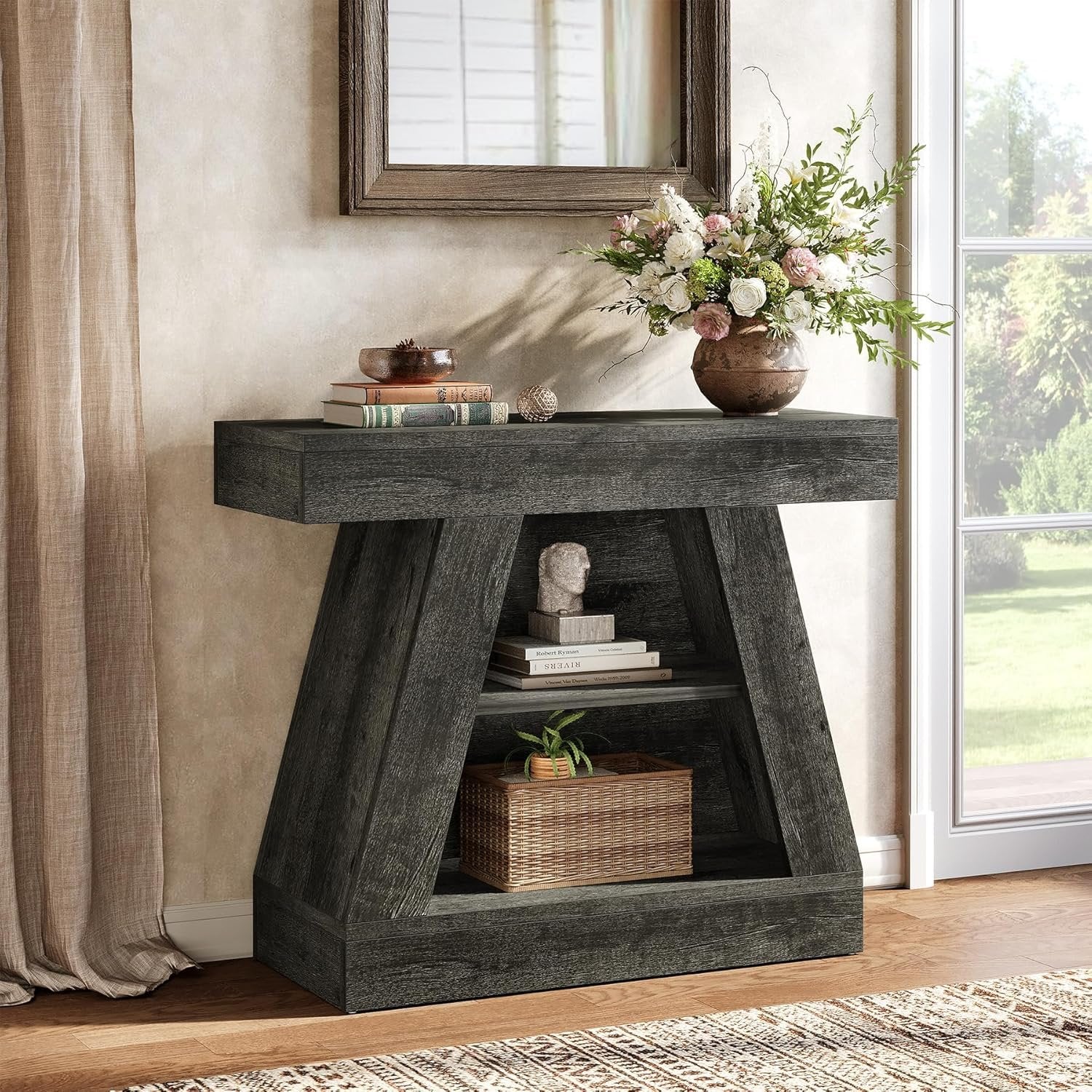 68 cm Landhaus-Konsolentisch für Diele - 3-stöckiger Couchtisch mit Regal für Wohnzimmer & Eingangsbereich