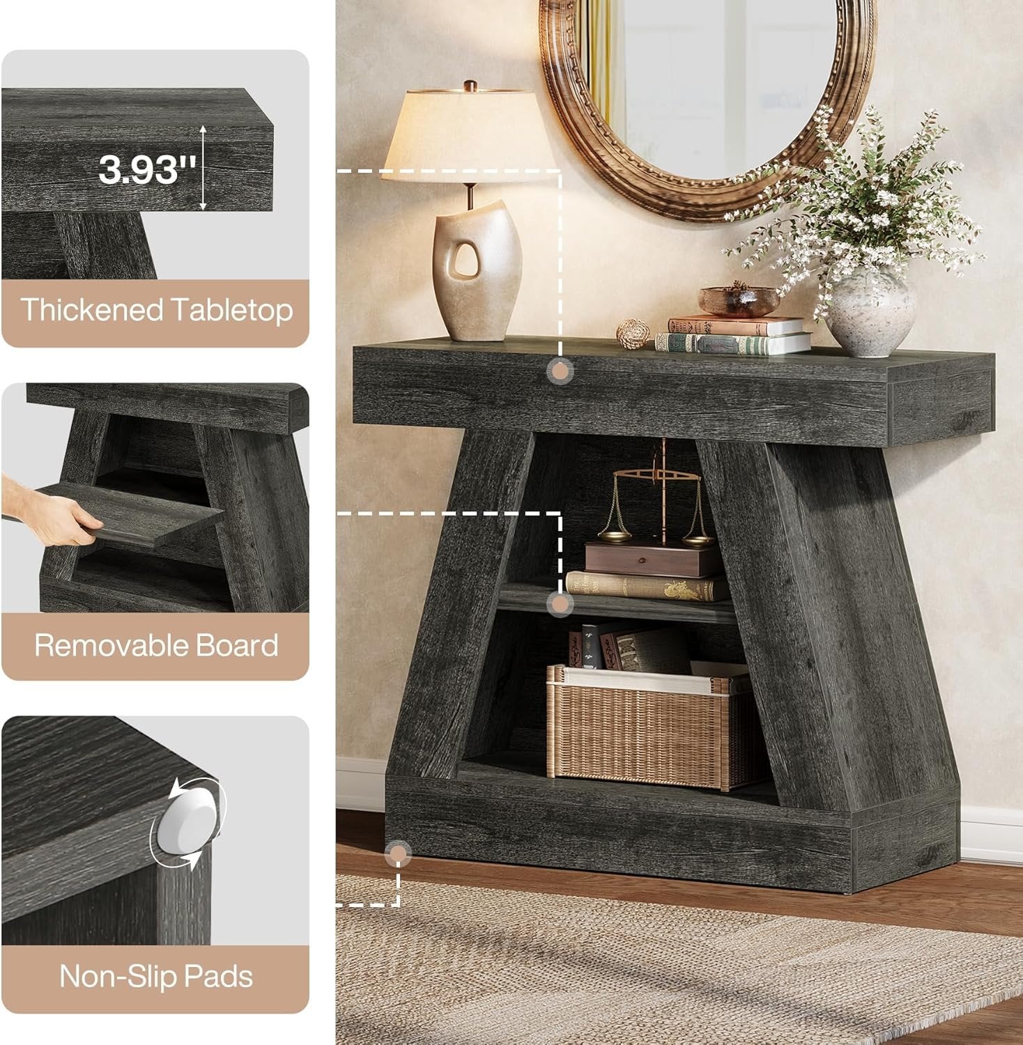 68 cm Landhaus-Konsolentisch für Diele - 3-stöckiger Couchtisch mit Regal für Wohnzimmer & Eingangsbereich