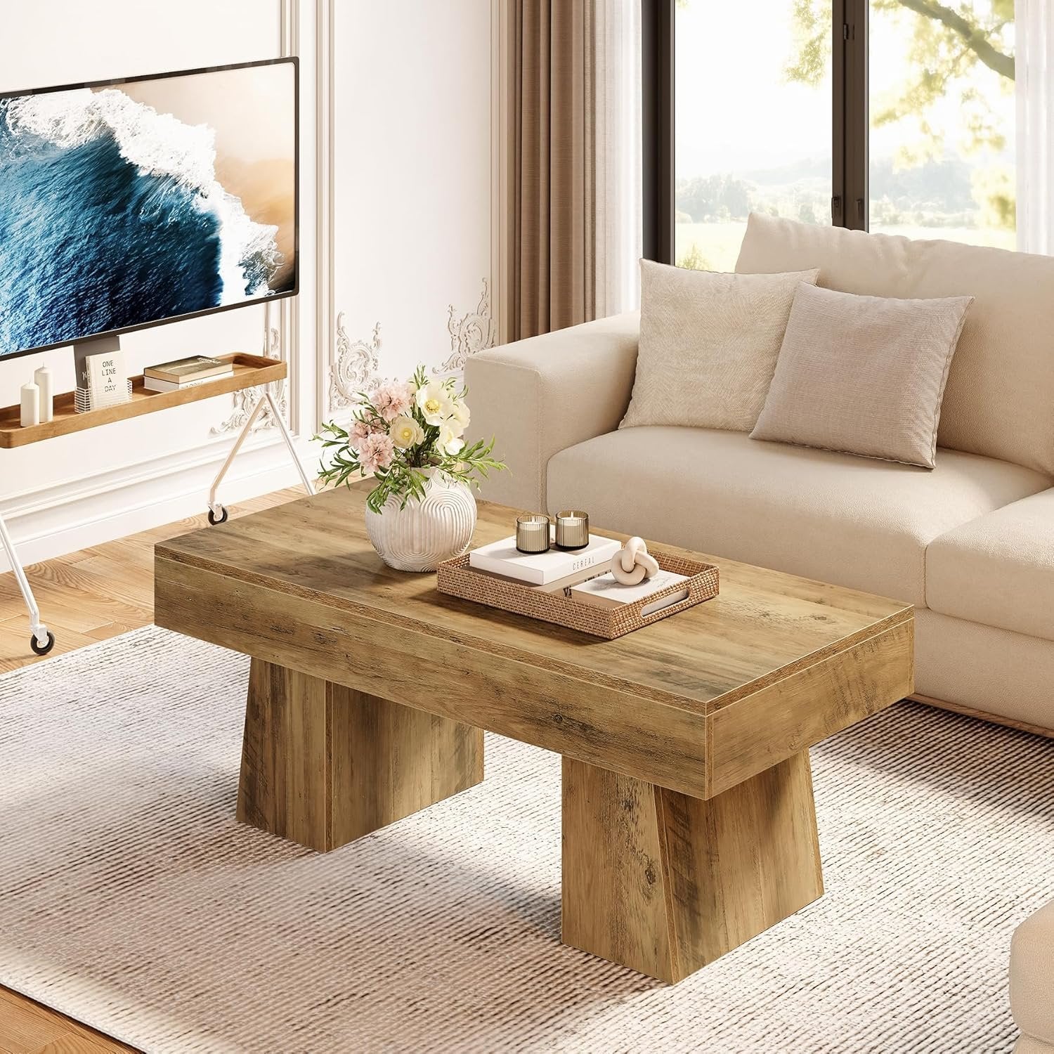 Hofhaus Couchtisch 120 cm - Massiver Landhaus-Tisch mit robustem Tischgestell, rustikaler Wohnzischer Beistelltisch in Braun