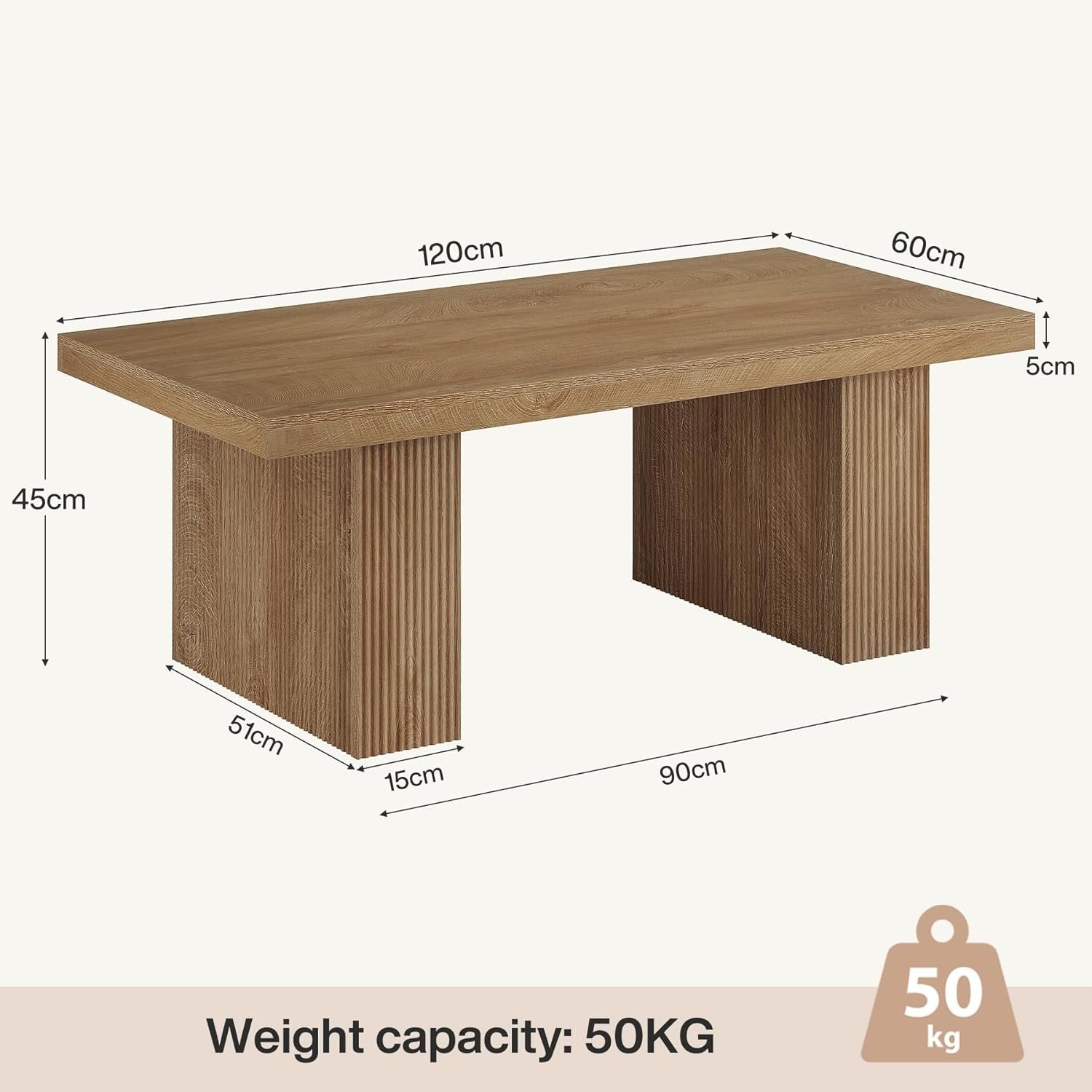 120cm Couchtisch, Rechteckiger Wohnzimmertisch im rustikalen Bauernhausdesign, Braun
