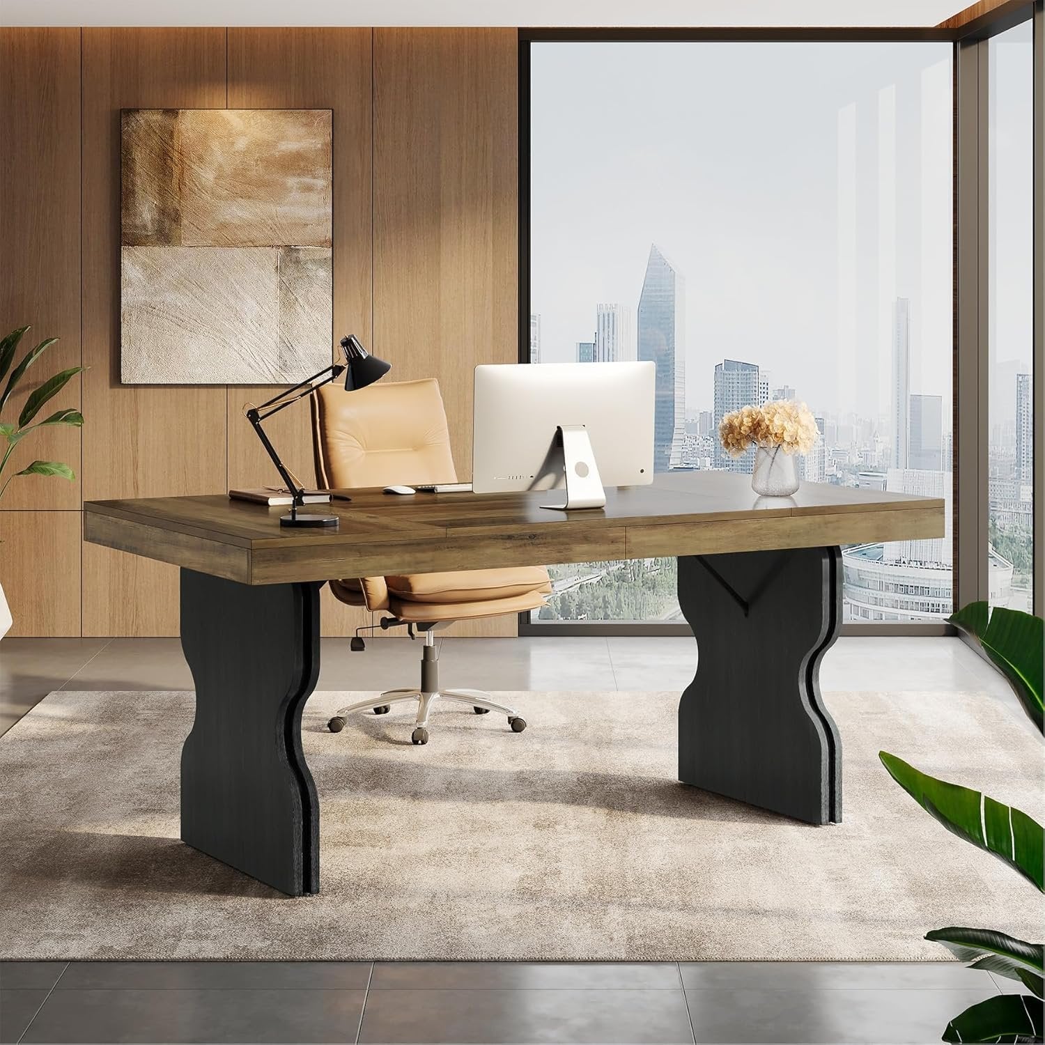160 cm Landhaus-Schreibtisch - Bürotisch mit Sanduhr-Beinen in Braun & Schwarz