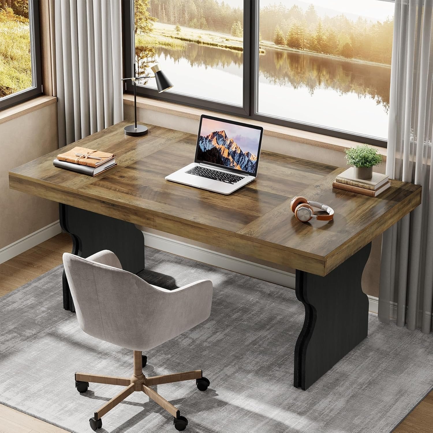 160 cm Landhaus-Schreibtisch - Bürotisch mit Sanduhr-Beinen in Braun & Schwarz