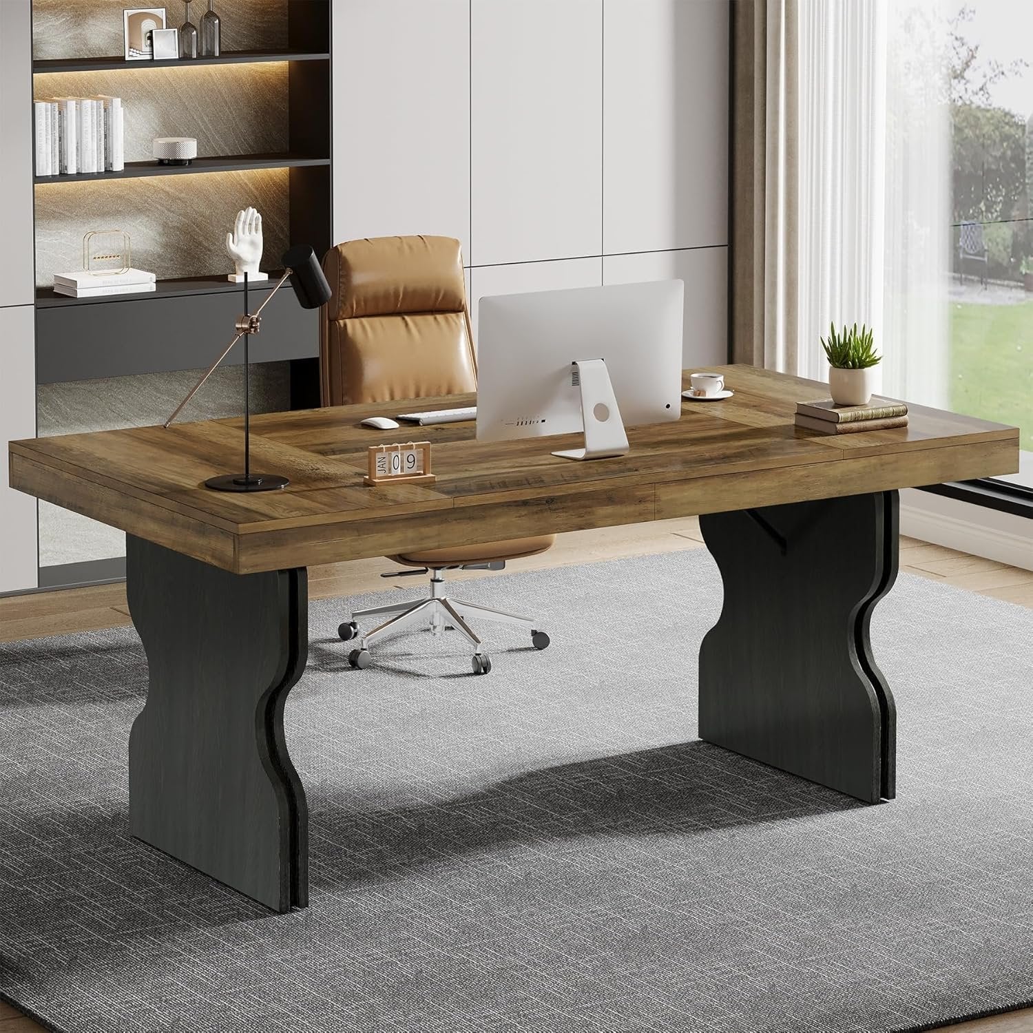 160 cm Landhaus-Schreibtisch - Bürotisch mit Sanduhr-Beinen in Braun & Schwarz