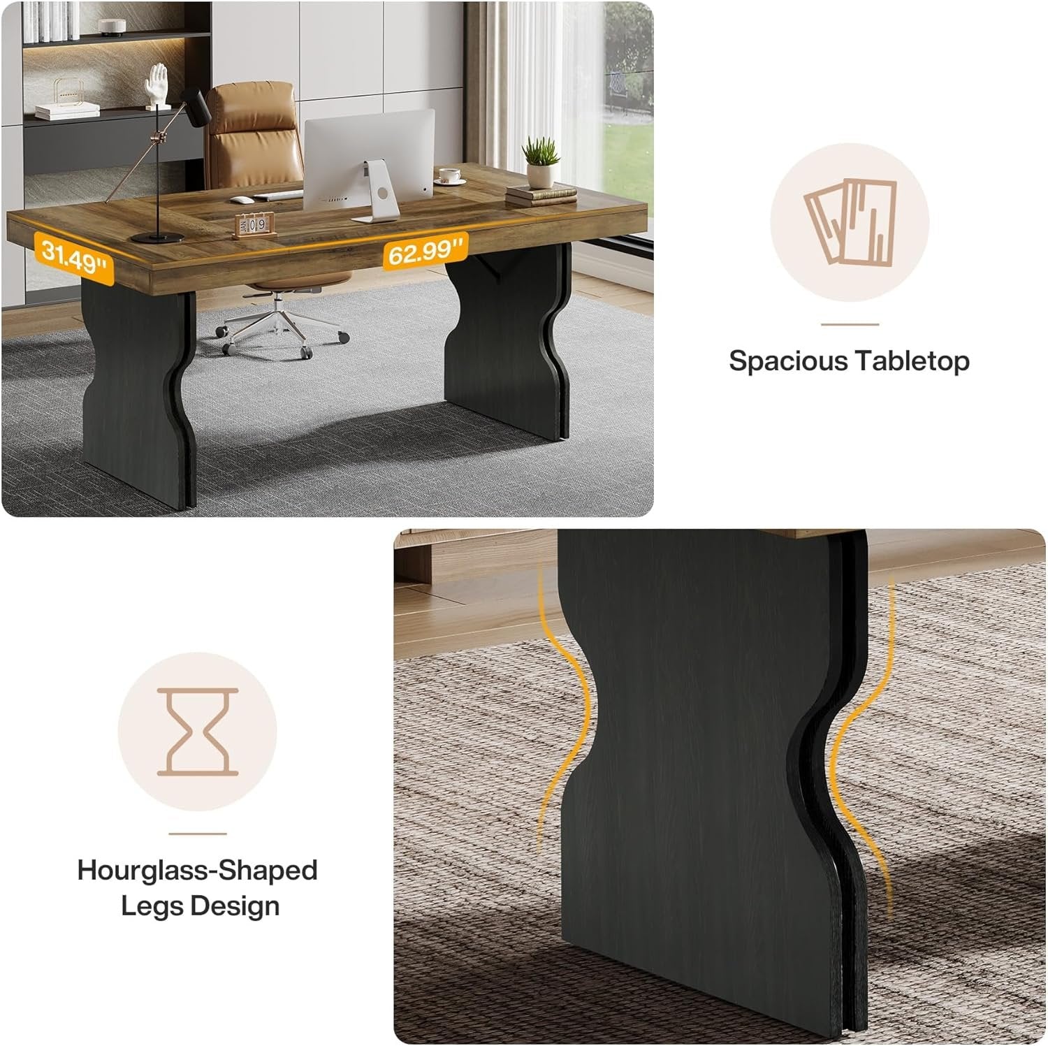 160 cm Landhaus-Schreibtisch - Bürotisch mit Sanduhr-Beinen in Braun & Schwarz
