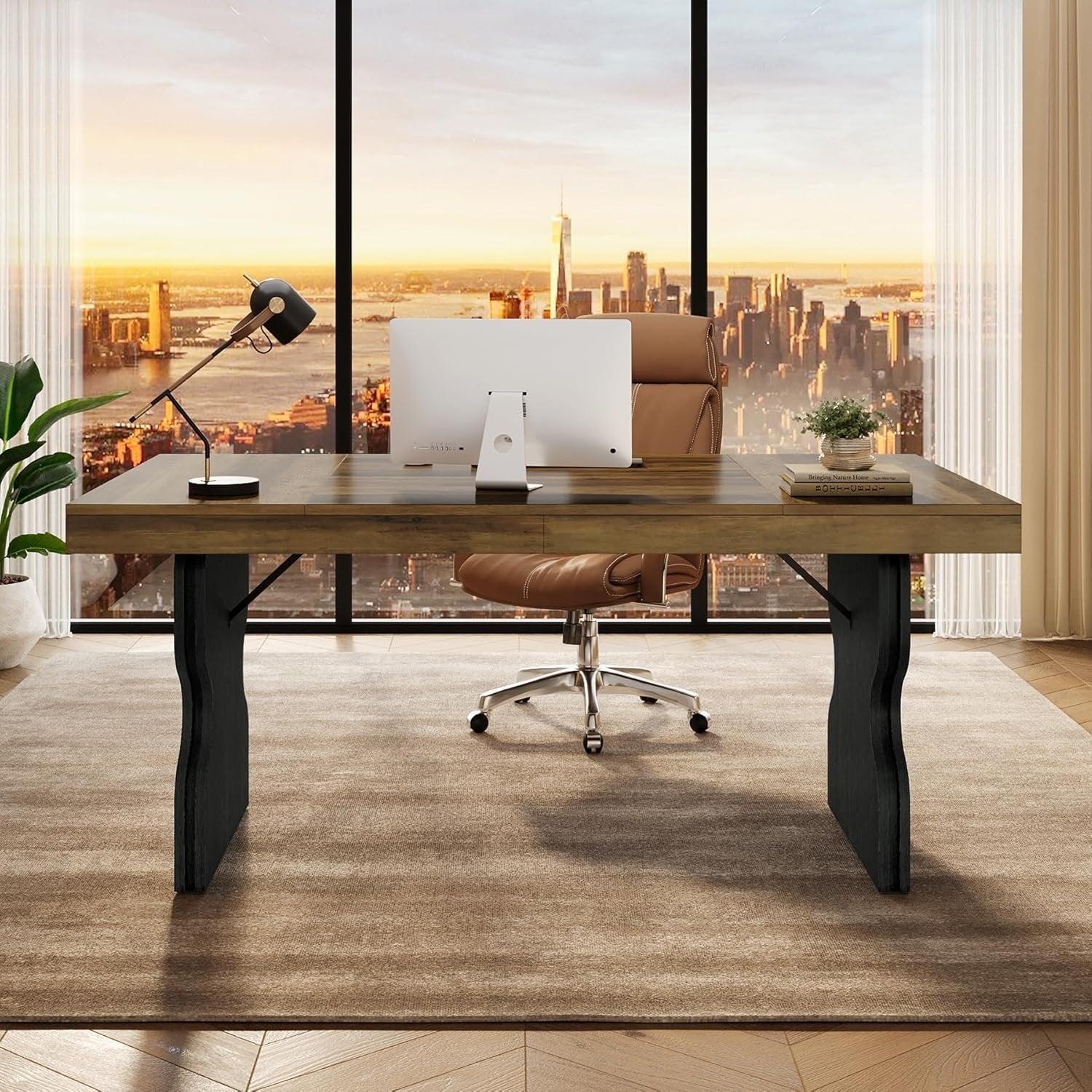 160 cm Landhaus-Schreibtisch - Bürotisch mit Sanduhr-Beinen in Braun & Schwarz