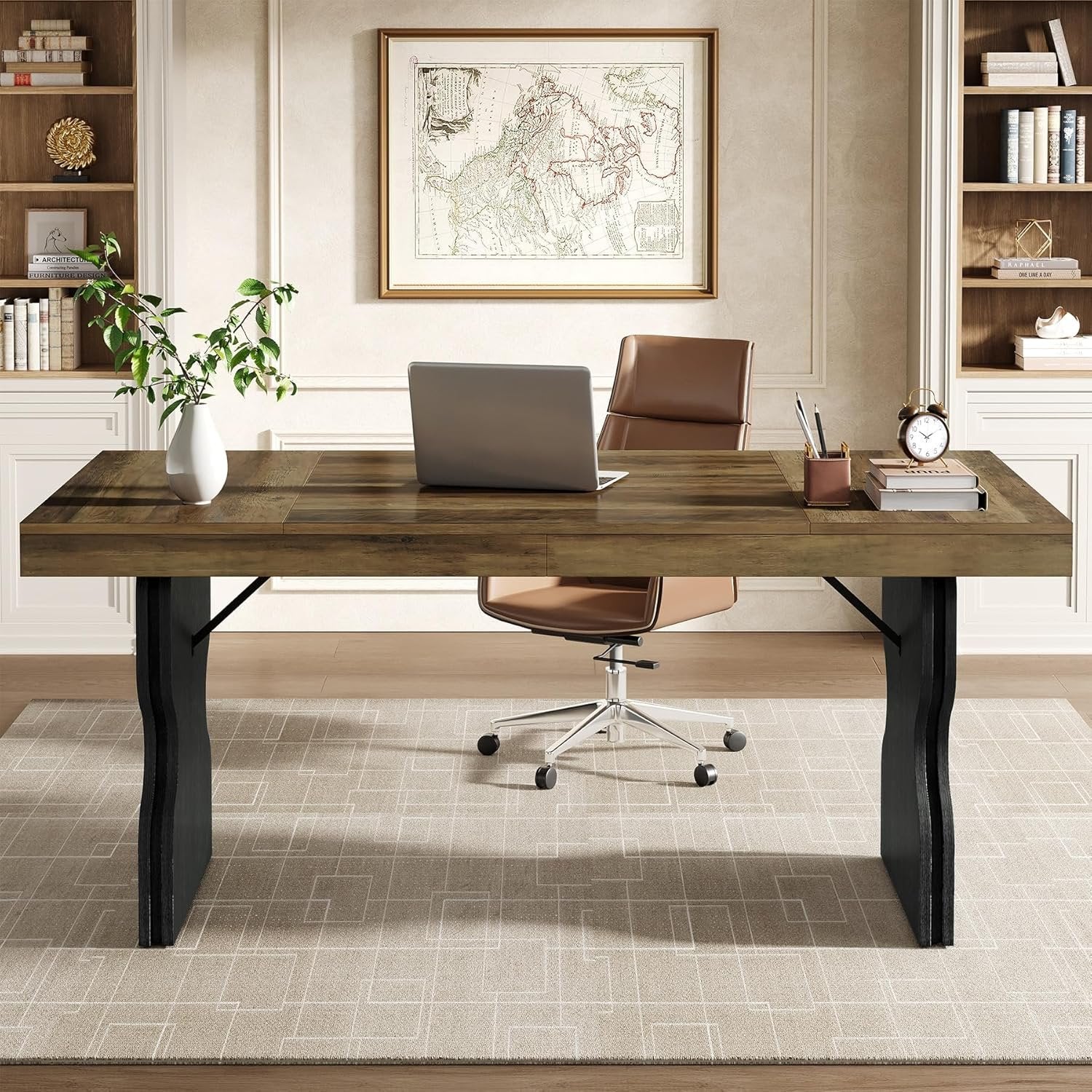 160 cm Landhaus-Schreibtisch - Bürotisch mit Sanduhr-Beinen in Braun & Schwarz