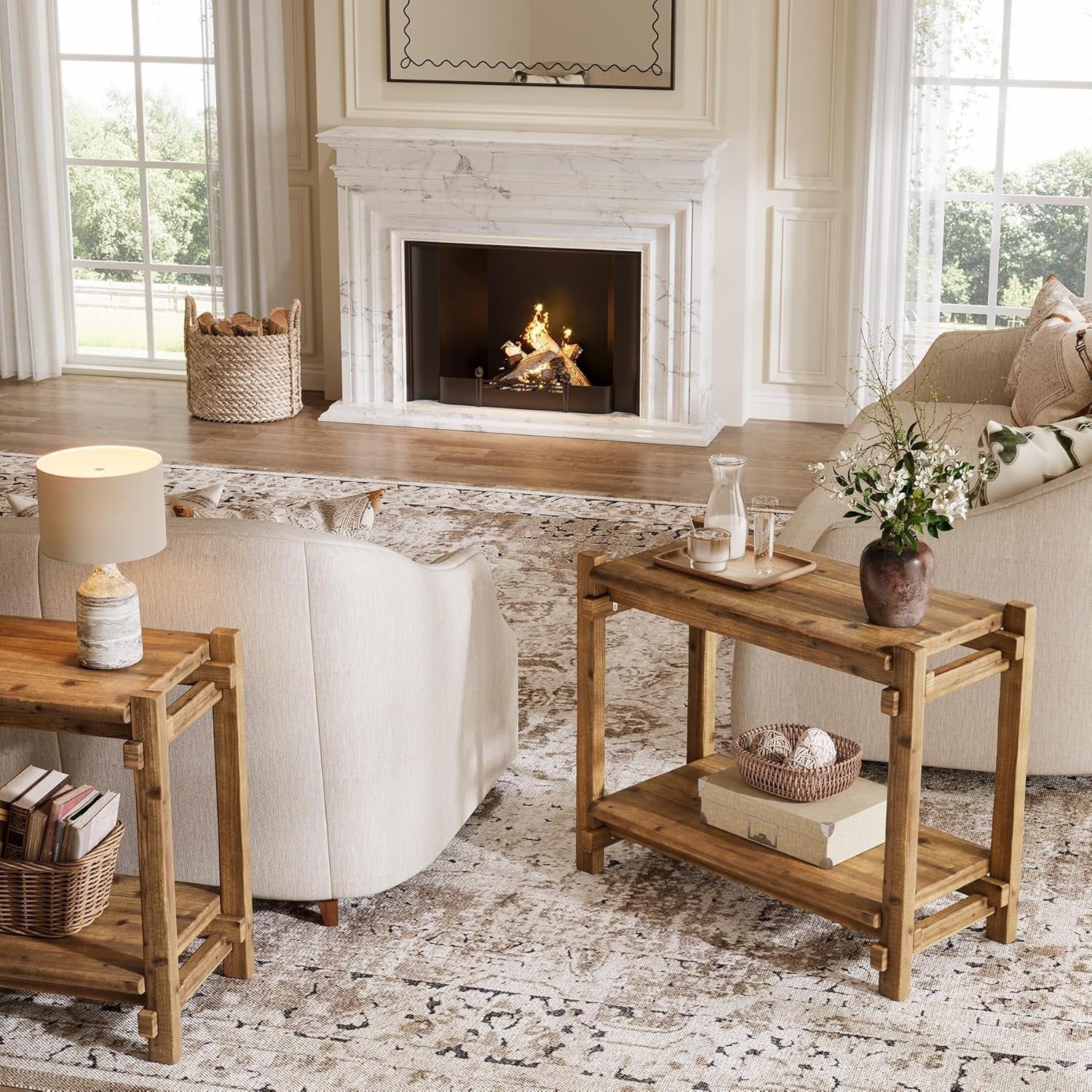 TRIBEWOOD Massivholz-Beistelltisch mit 2 Ebenen schmaler Sideboard für Wohnzimmer, Schlafzimmer