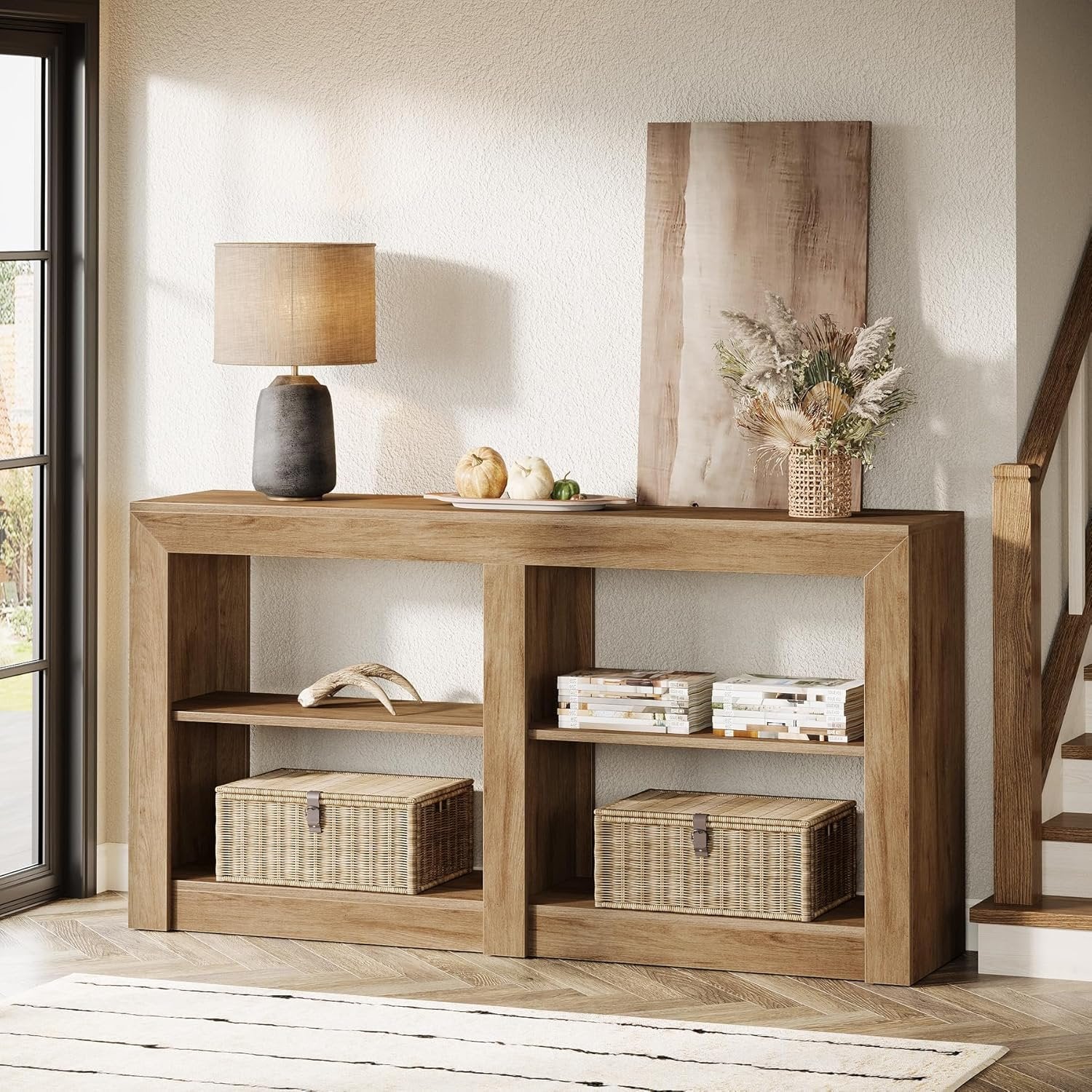 90 cm Landhaus Konsolentisch, Eichenoptik Flurtisch für Diele und Wohnzimmer