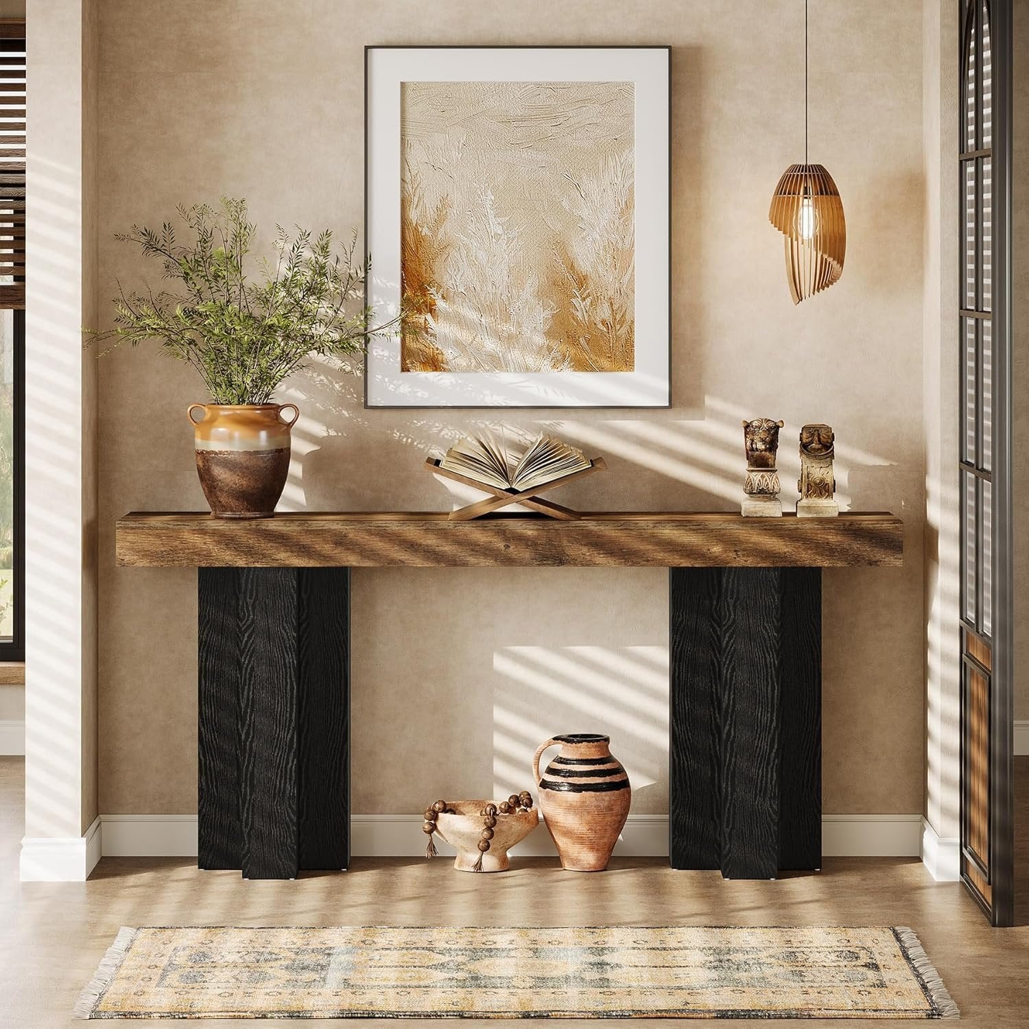 160 cm Landhaus Konsolentisch, Brauner Flurtisch mit stabilen Beinen für Wohnzimmer und Eingangsbereich