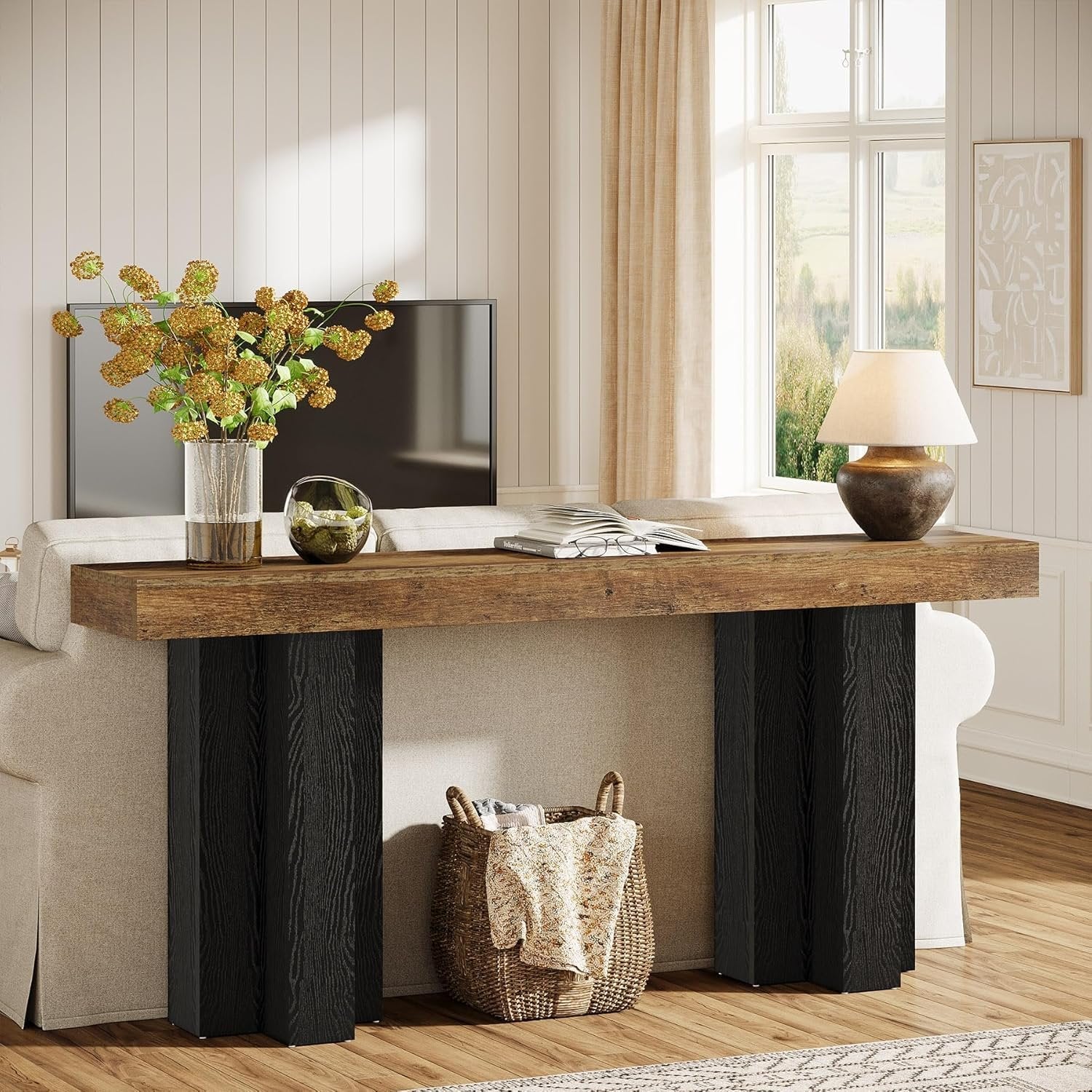 160 cm Landhaus Konsolentisch, Brauner Flurtisch mit stabilen Beinen für Wohnzimmer und Eingangsbereich