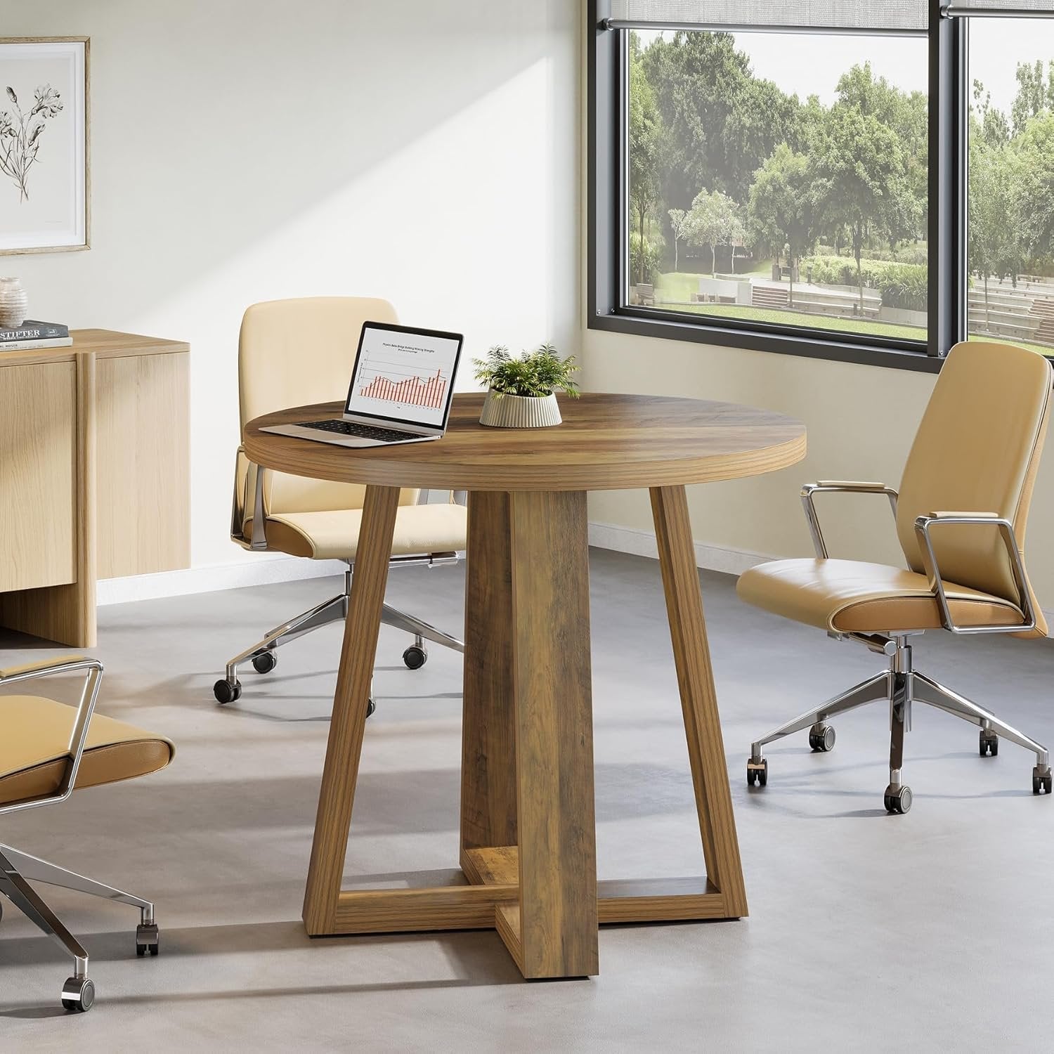 80cm Runder Konferenztisch – Landhaus Bürotisch für 2-4 Personen, Braun