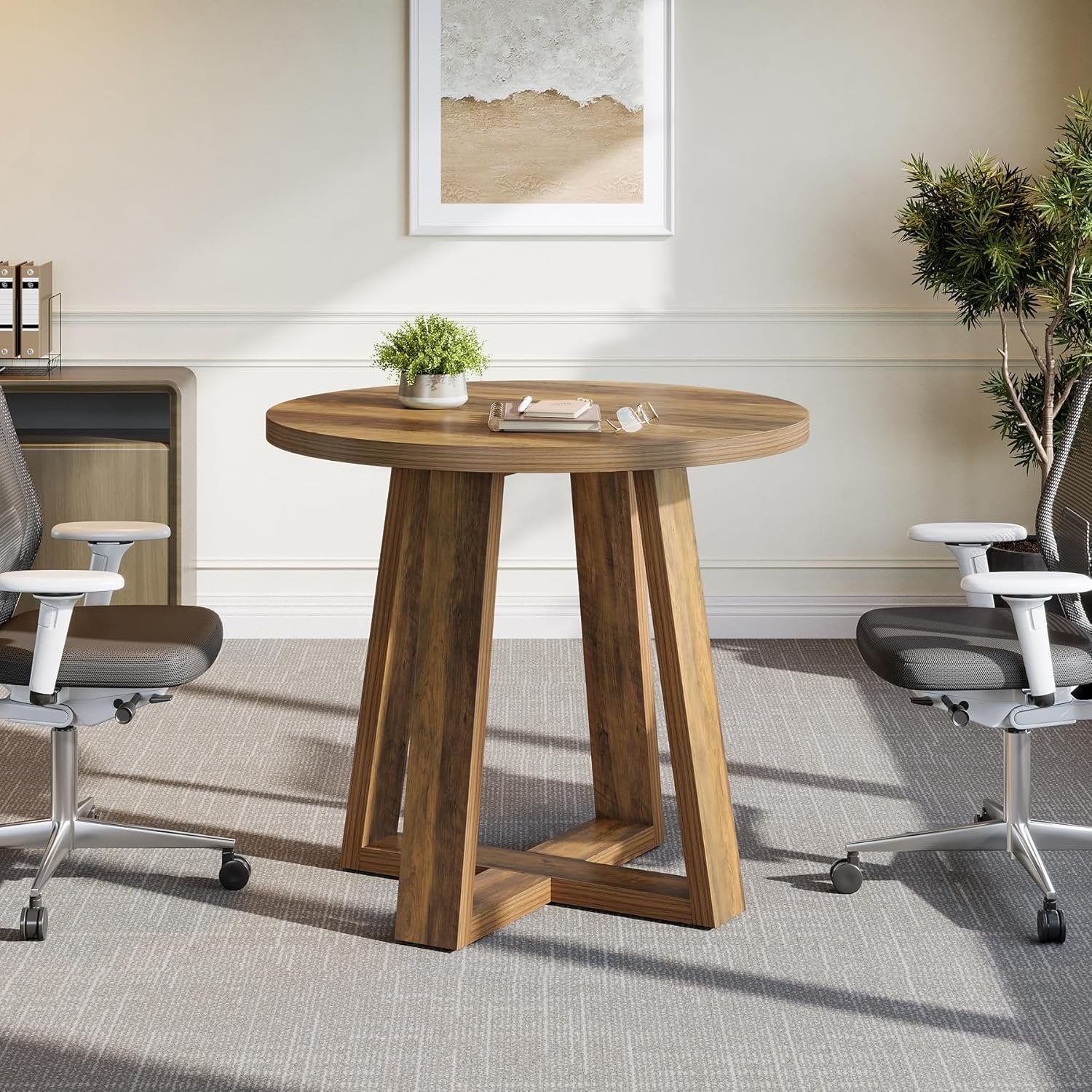 80cm Runder Konferenztisch – Landhaus Bürotisch für 2-4 Personen, Braun