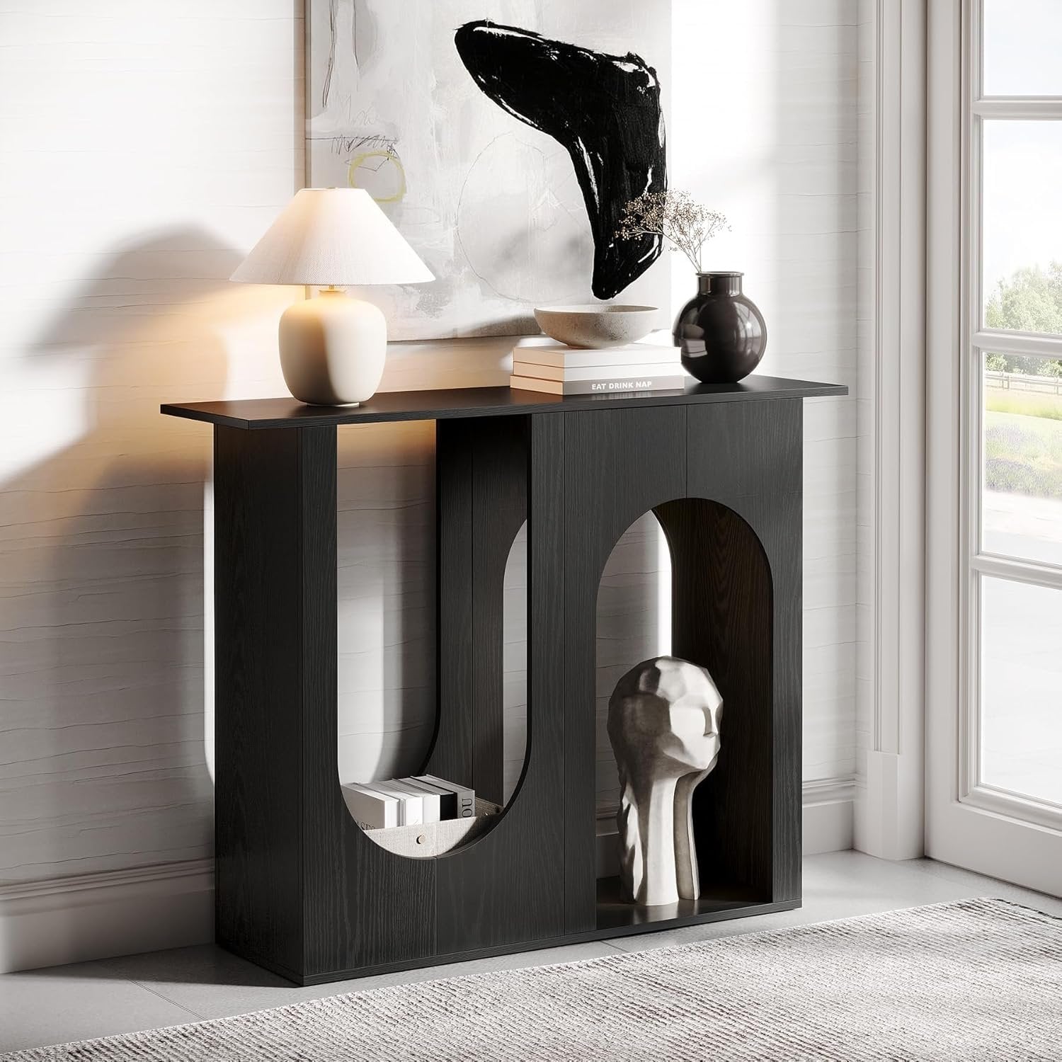 Tribesigns 100 cm schwarzer Sofatisch, Schmaler Konsolentisch hinter der Couch mit gewölbtem Design