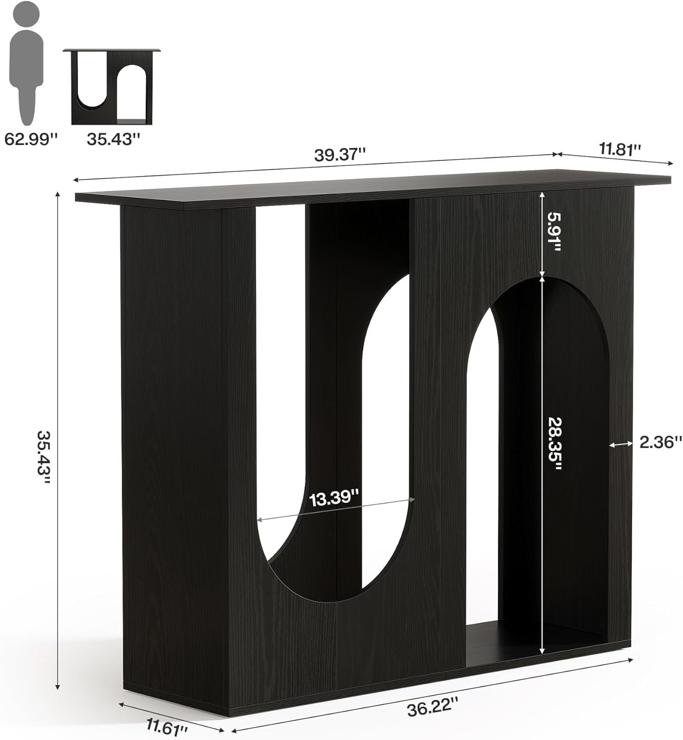 Tribesigns 100 cm schwarzer Sofatisch, Schmaler Konsolentisch hinter der Couch mit gewölbtem Design