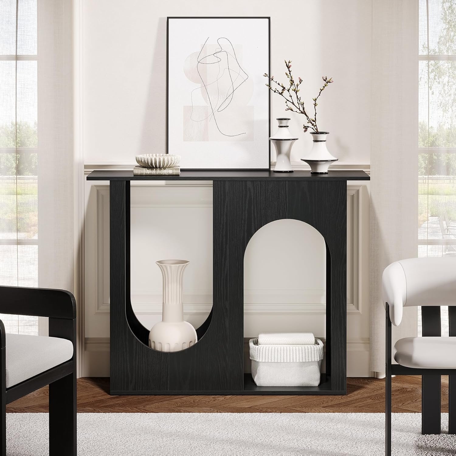 Tribesigns 100 cm schwarzer Sofatisch, Schmaler Konsolentisch hinter der Couch mit gewölbtem Design