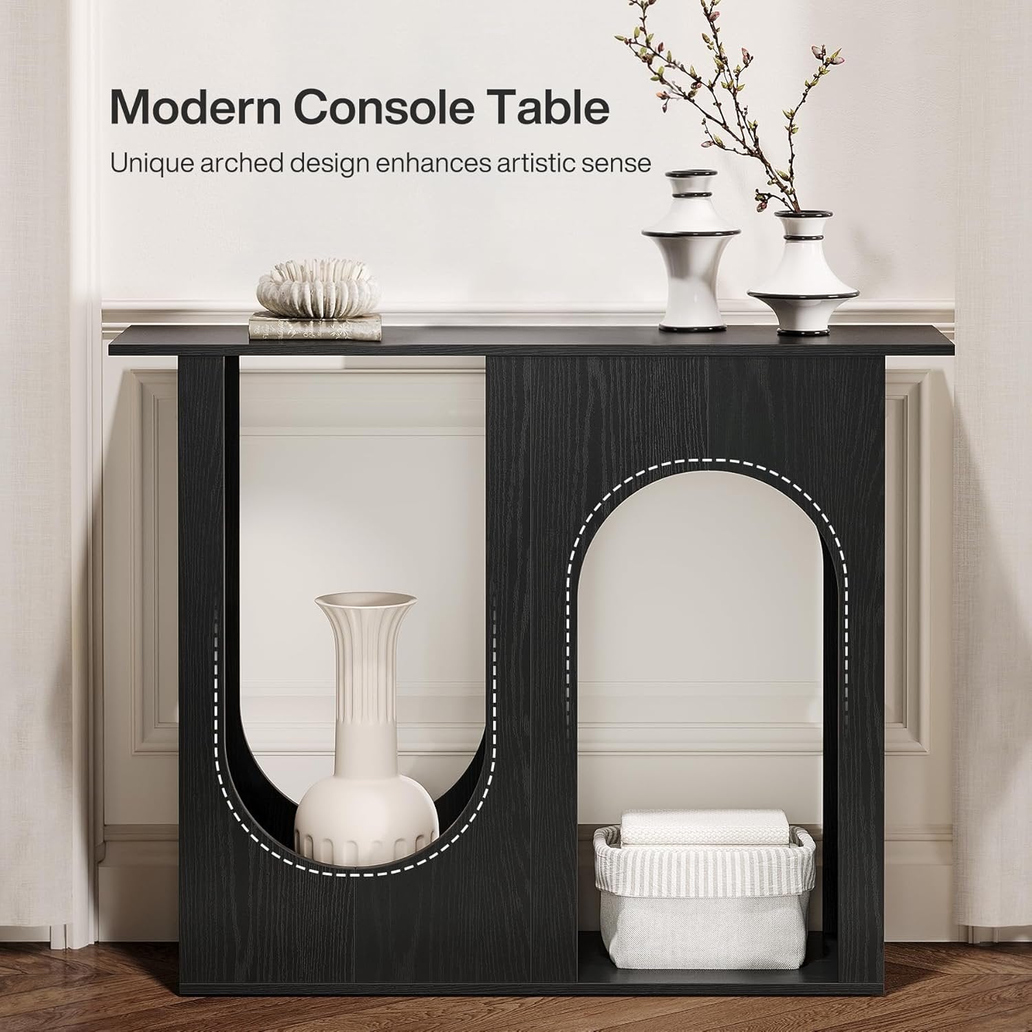 Tribesigns 100 cm schwarzer Sofatisch, Schmaler Konsolentisch hinter der Couch mit gewölbtem Design