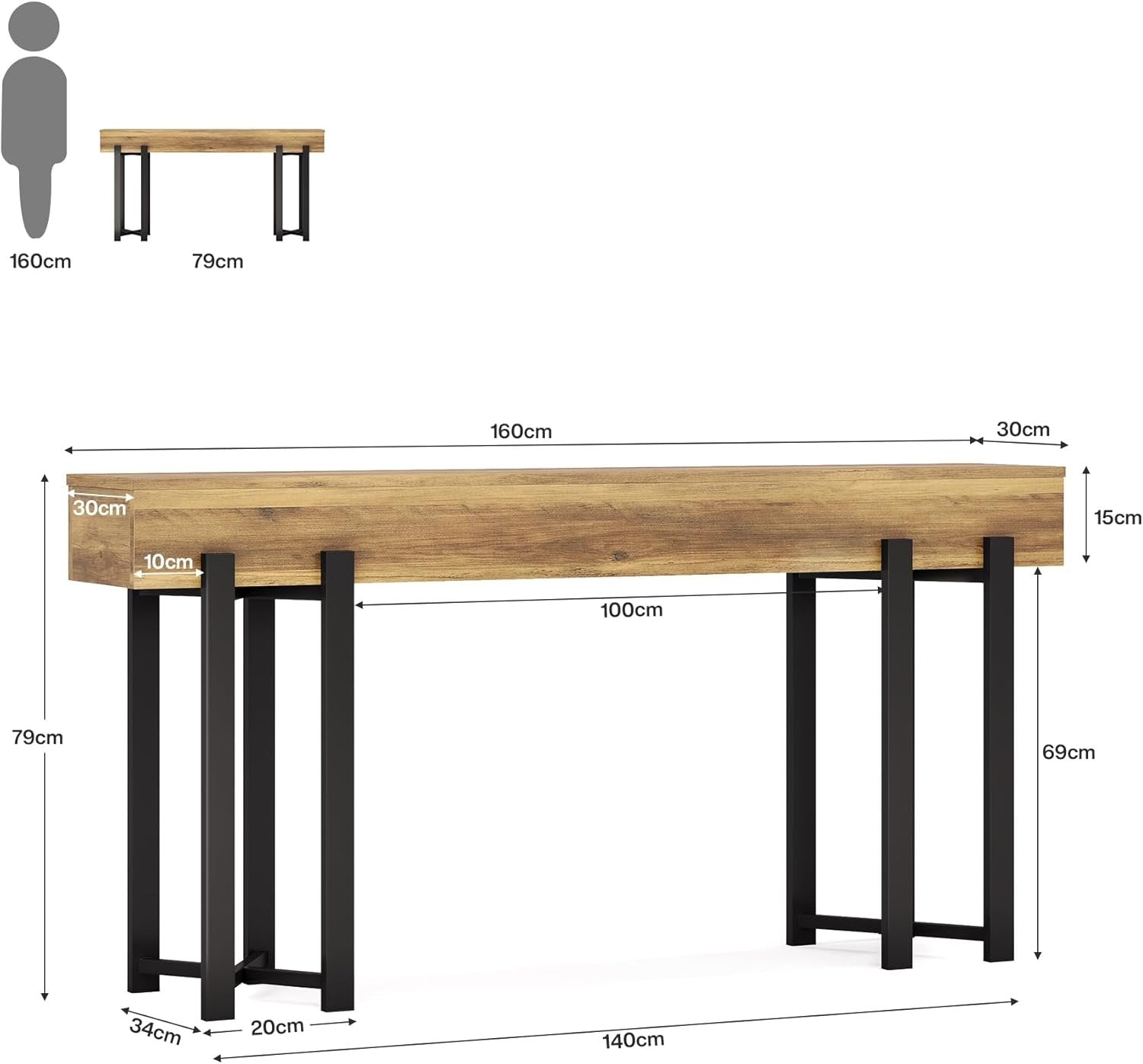Robuster Landhaus Konsolentisch, 160 cm schmal mit Metallgestell für Flur und Home-Office