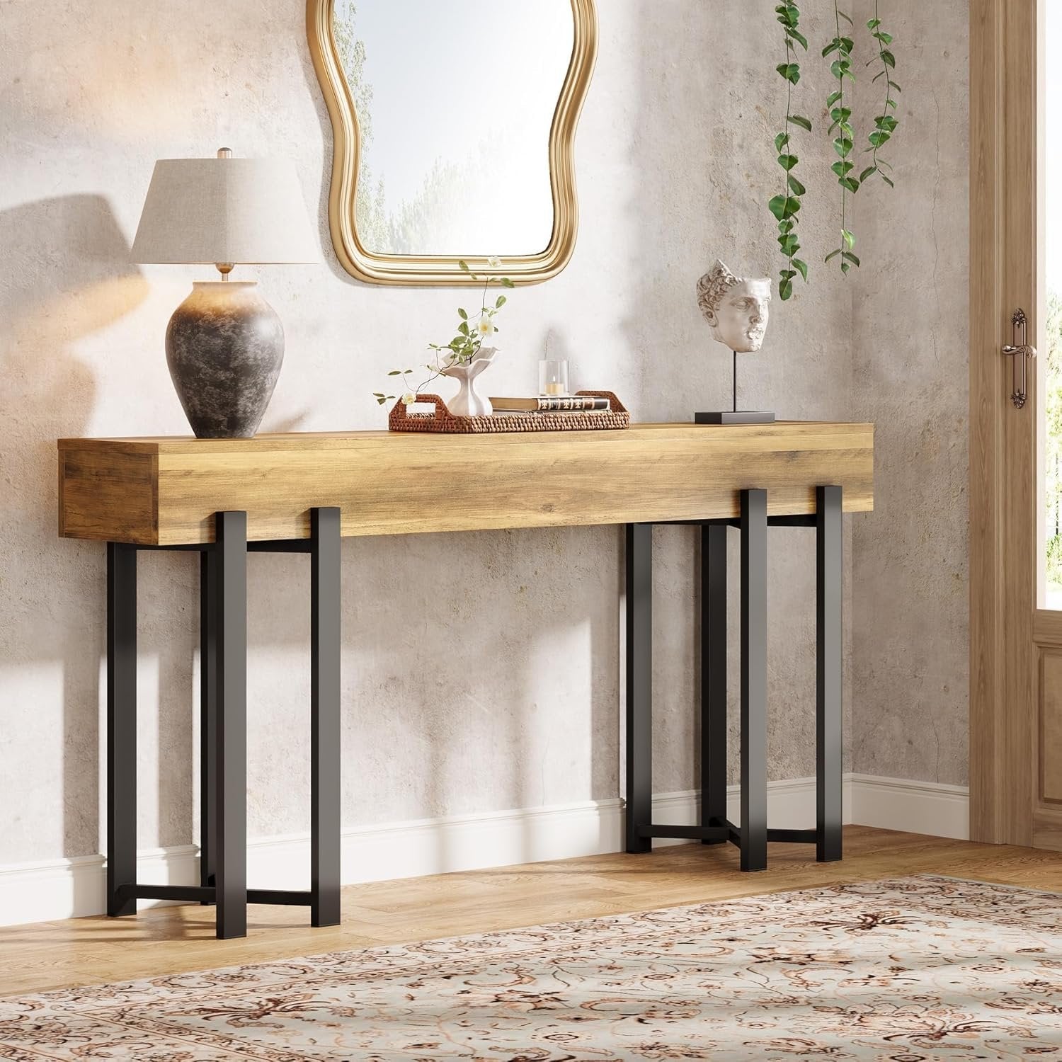 Robuster Landhaus Konsolentisch, 160 cm schmal mit Metallgestell für Flur und Home-Office