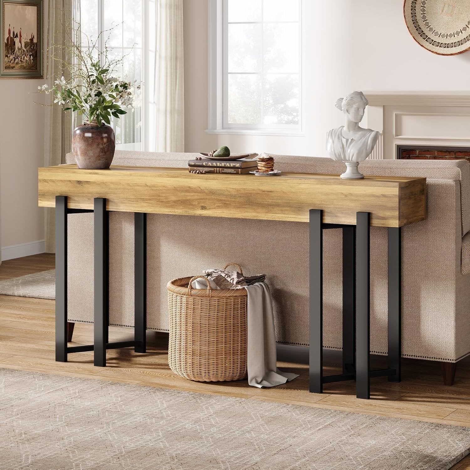 Robuster Landhaus Konsolentisch, 160 cm schmal mit Metallgestell für Flur und Home-Office