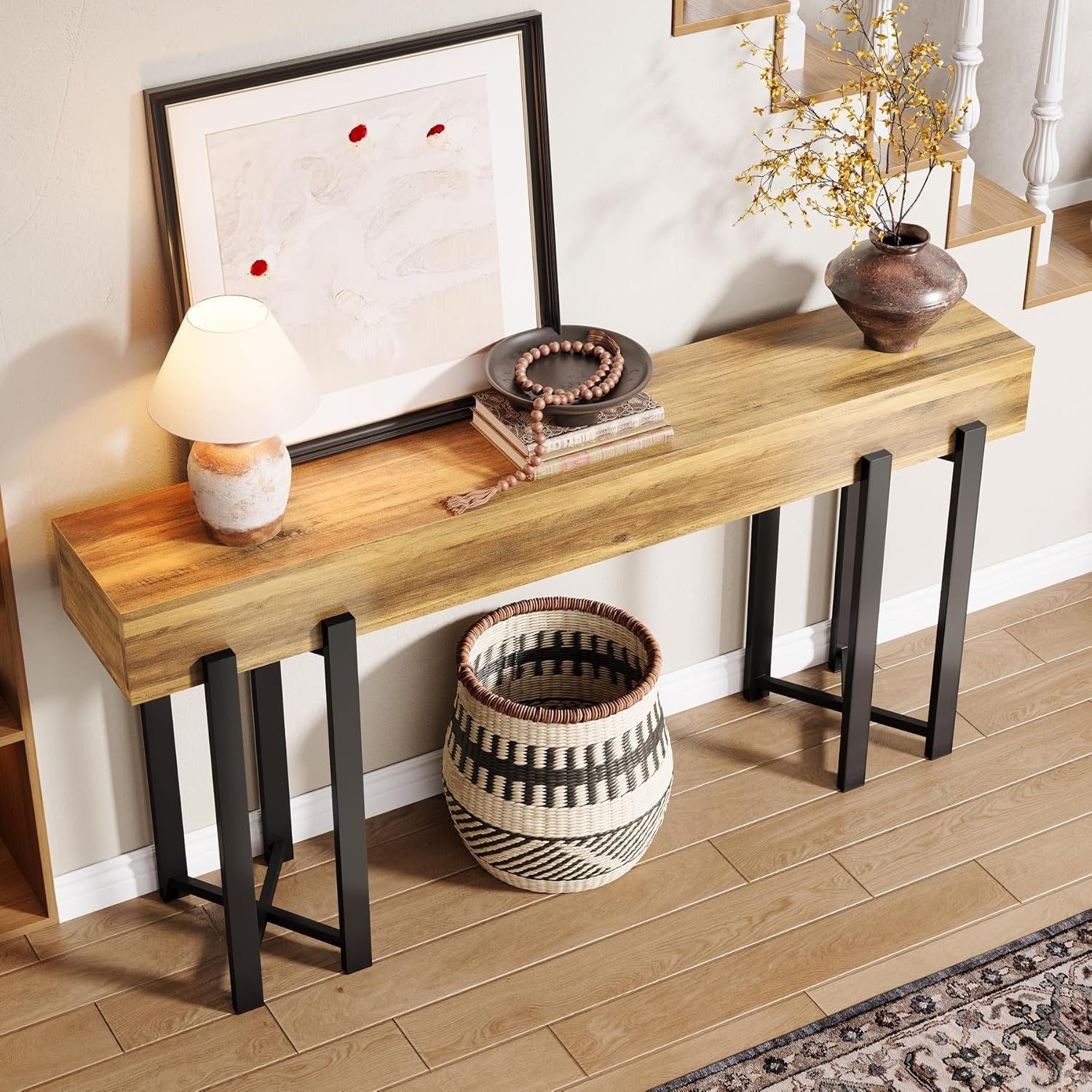 Robuster Landhaus Konsolentisch, 160 cm schmal mit Metallgestell für Flur und Home-Office