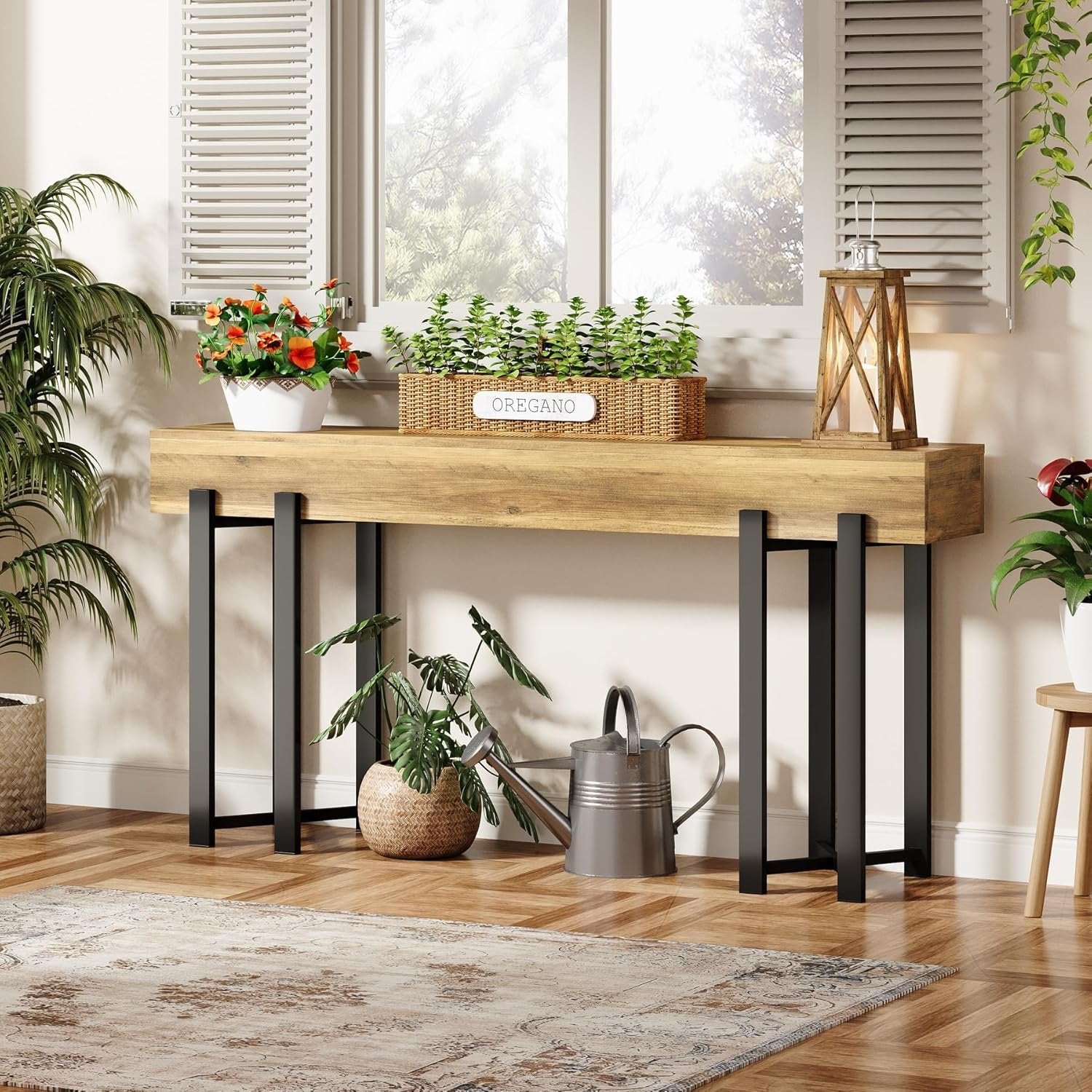 Robuster Landhaus Konsolentisch, 160 cm schmal mit Metallgestell für Flur und Home-Office