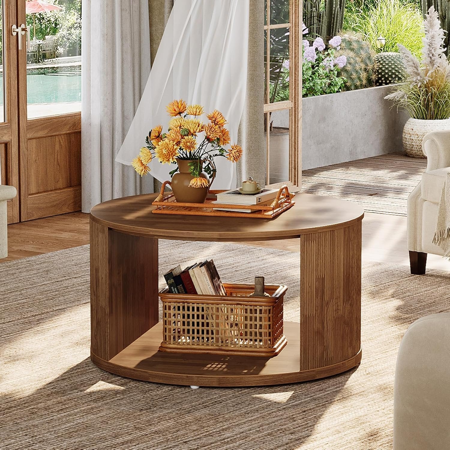 80 cm Runder Couchtisch mit Staufach & Wellenfuß - Nussbaum Design für Wohnzimmer