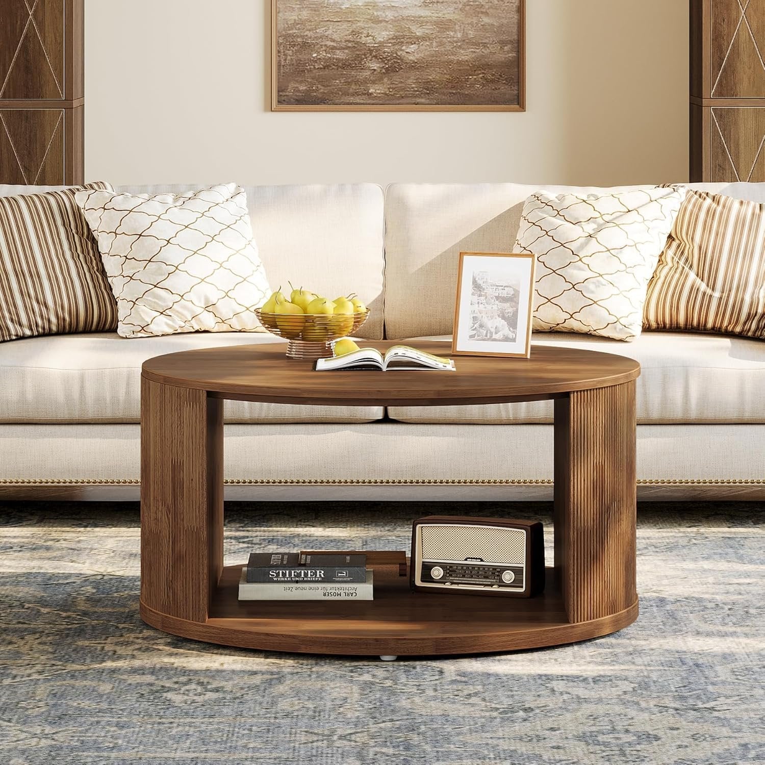 80 cm Runder Couchtisch mit Staufach & Wellenfuß - Nussbaum Design für Wohnzimmer