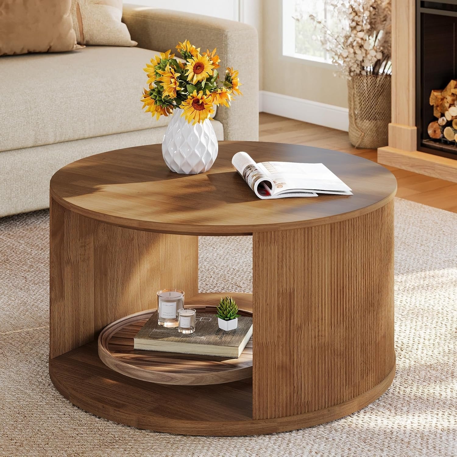 80 cm Runder Couchtisch mit Staufach & Wellenfuß - Nussbaum Design für Wohnzimmer