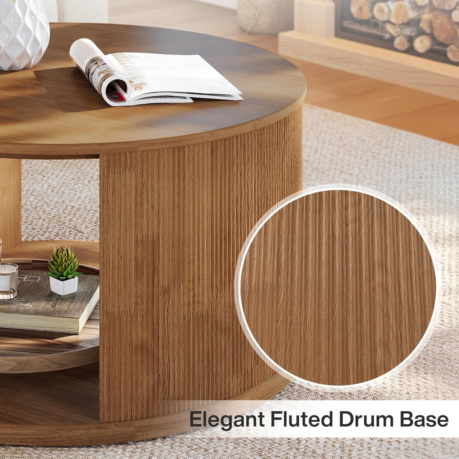 80 cm Runder Couchtisch mit Staufach & Wellenfuß - Nussbaum Design für Wohnzimmer