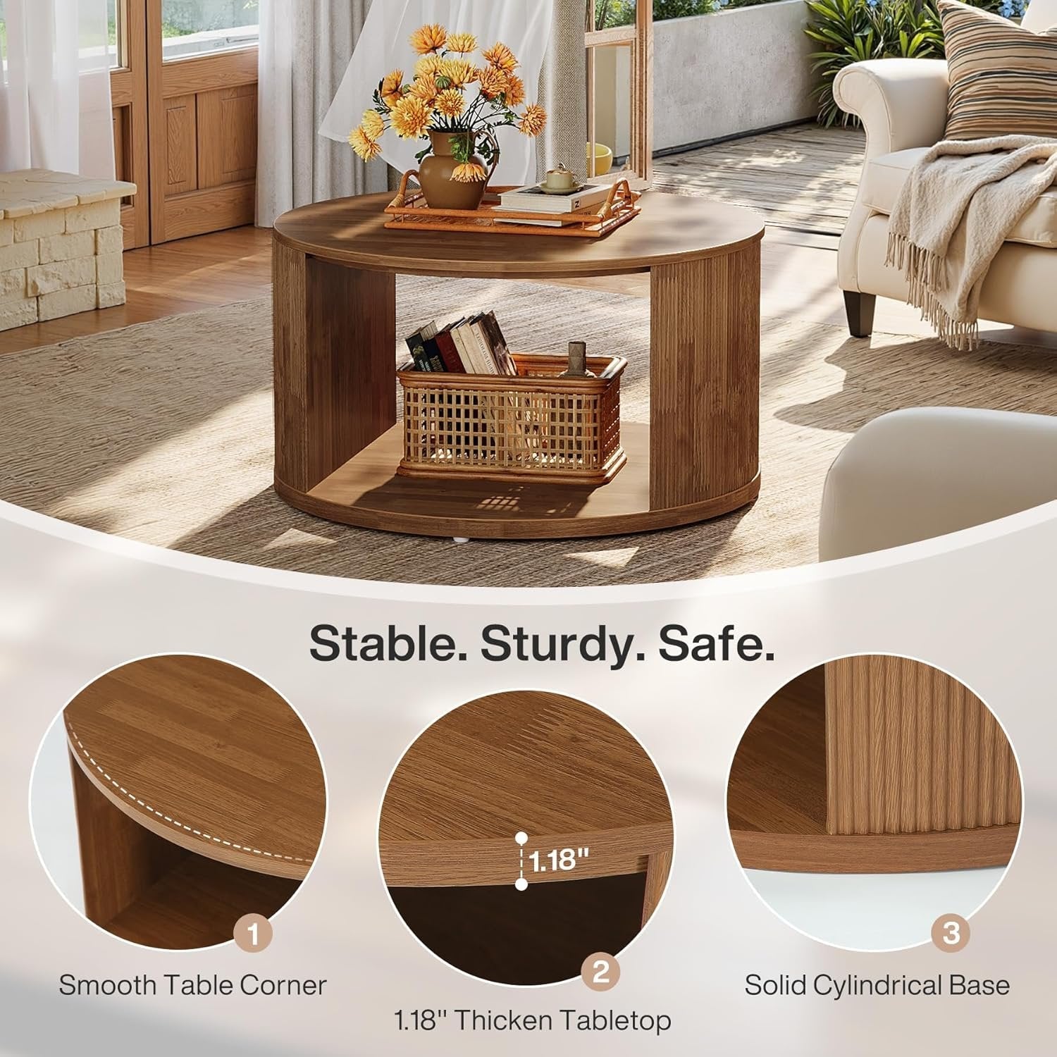 80 cm Runder Couchtisch mit Staufach & Wellenfuß - Nussbaum Design für Wohnzimmer