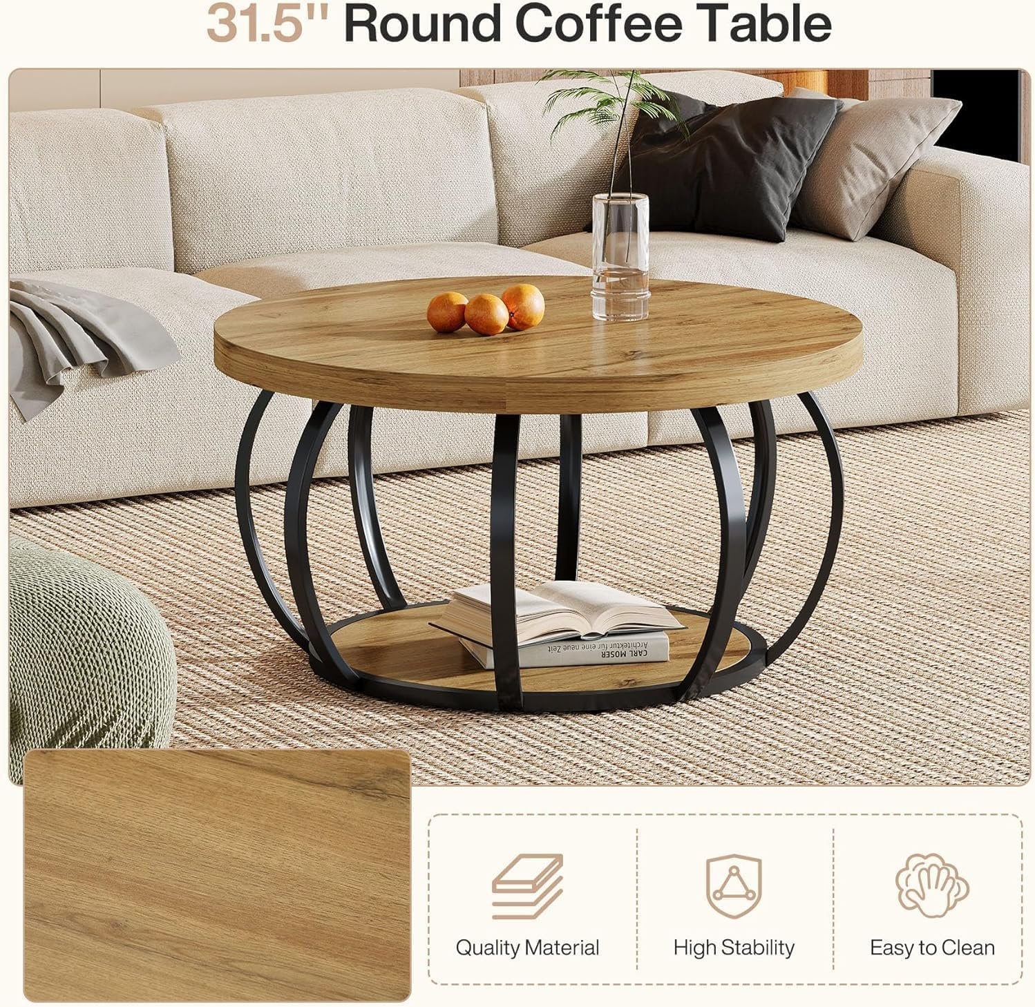 Tribesigns Runde Couchtisch 80 cm, Industrial 2-Tier-Kreis Couchtisch mit Lagerung Regale