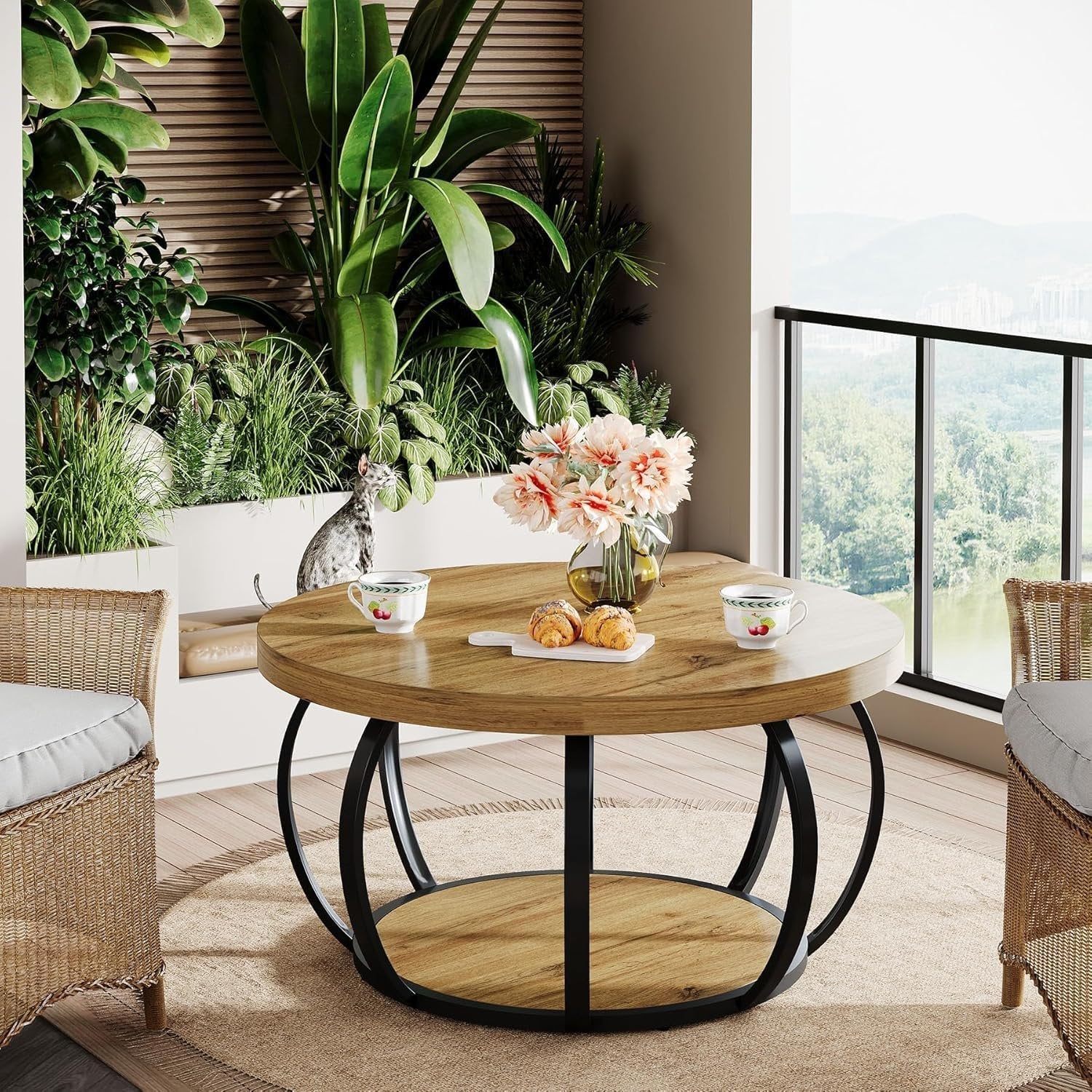 Tribesigns Runde Couchtisch 80 cm, Industrial 2-Tier-Kreis Couchtisch mit Lagerung Regale