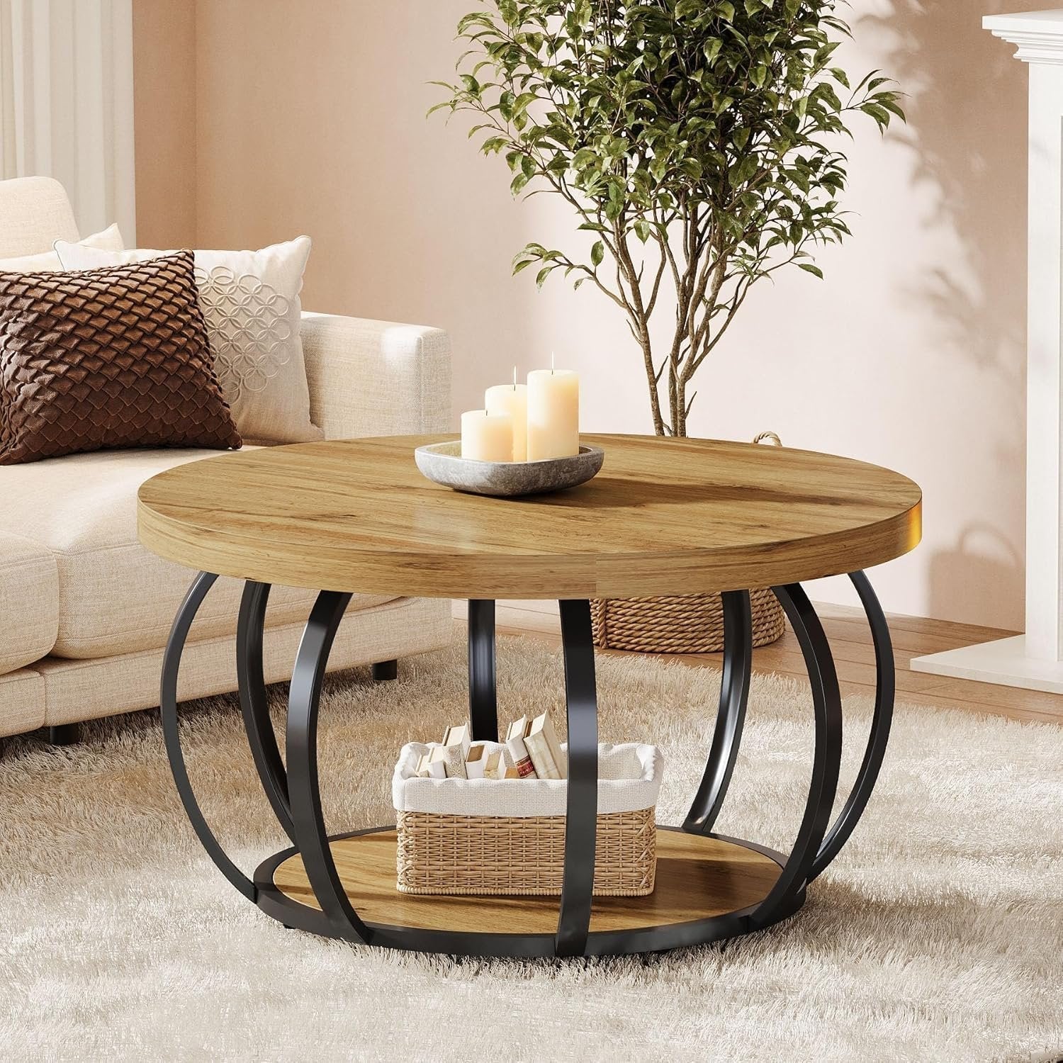 Tribesigns Runde Couchtisch 80 cm, Industrial 2-Tier-Kreis Couchtisch mit Lagerung Regale