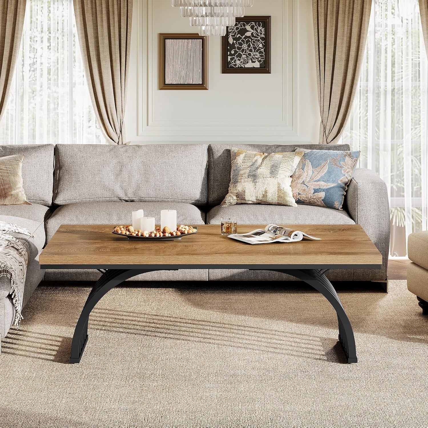 Tribesigns Couchtisch 120 cm, Industrie Couchtisch mit Metallbeinen Moderner Akzenttisch aus Holz