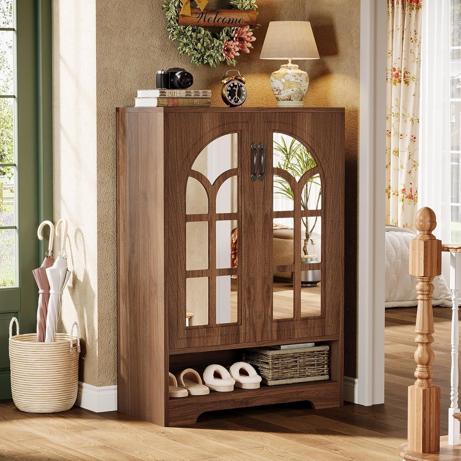 73.6 cm Antiker Schuhschrank mit Spiegeltüren & 5 Regalen – Platzsparend für Diele & Wohnzimmer in Braun