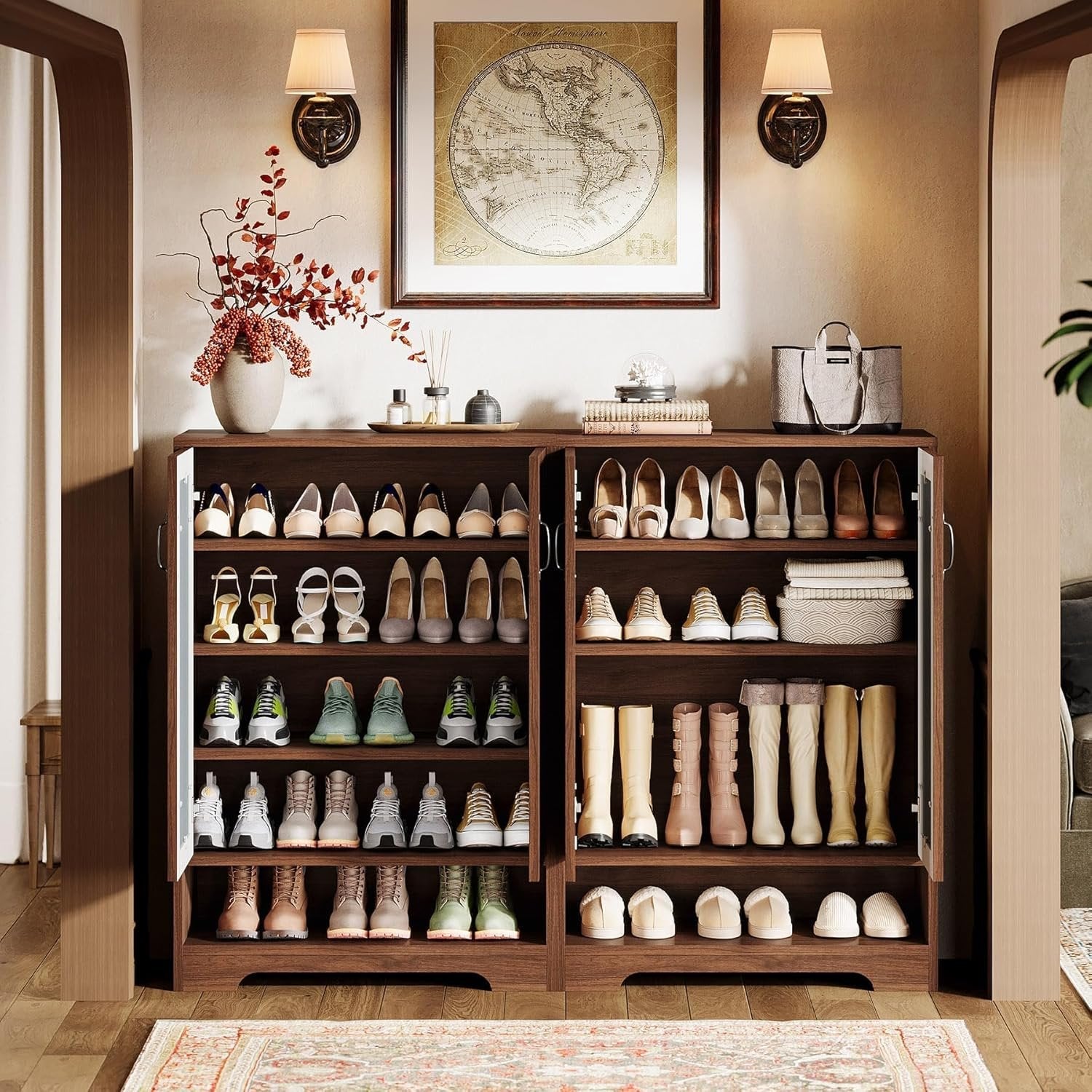 73.6 cm Antiker Schuhschrank mit Spiegeltüren & 5 Regalen – Platzsparend für Diele & Wohnzimmer in Braun
