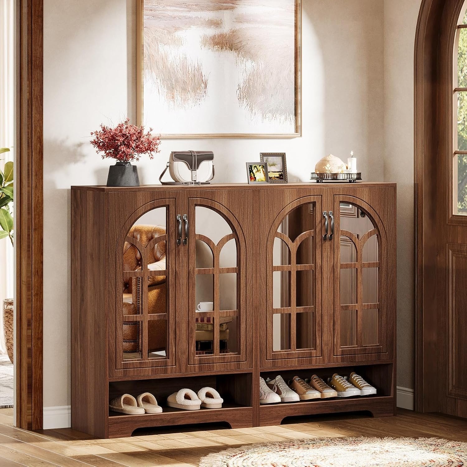 73.6 cm Antiker Schuhschrank mit Spiegeltüren & 5 Regalen – Platzsparend für Diele & Wohnzimmer in Braun