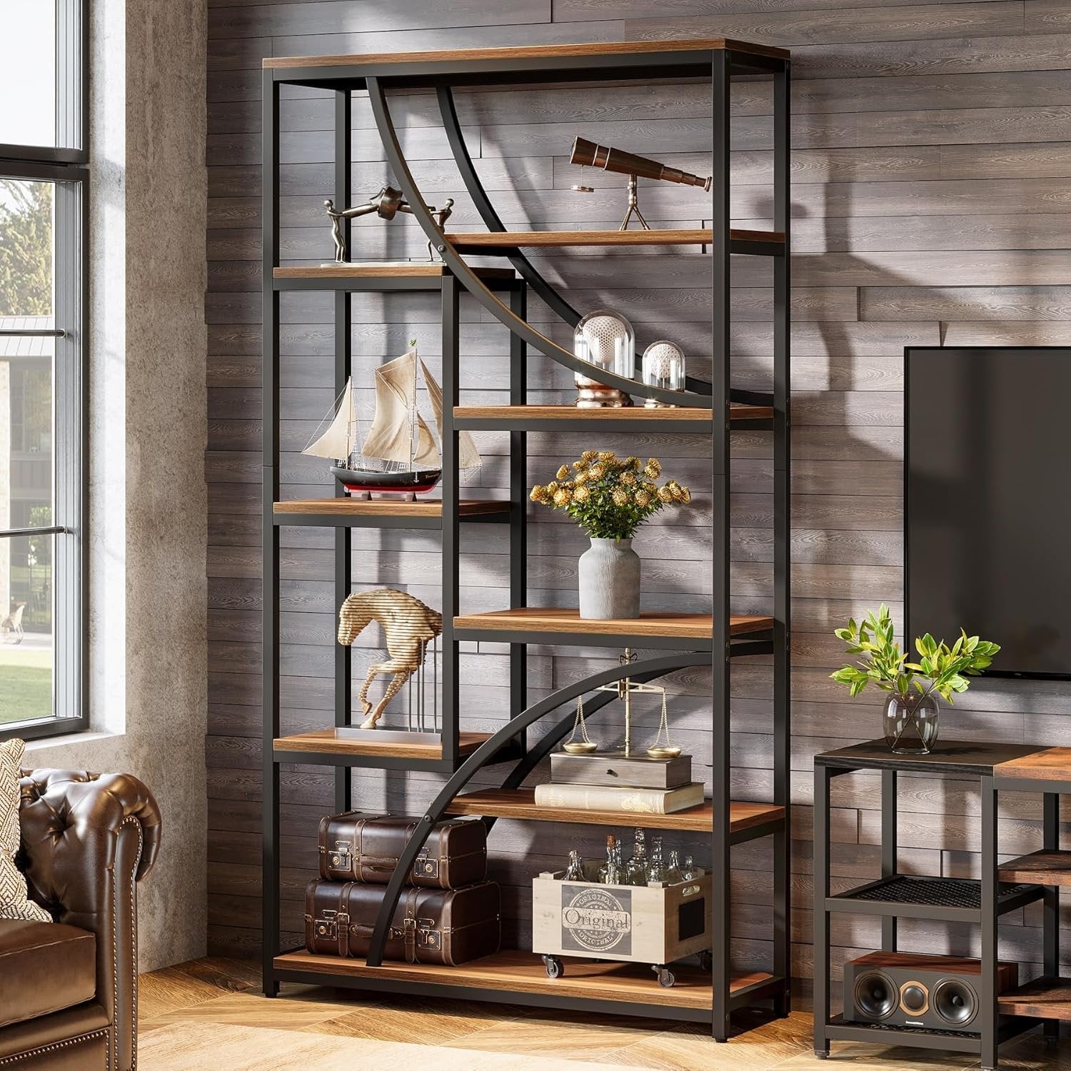 180 cm Industriestil Bücherregal, 9-stöckiges Metallregal mit geometrischem Design für Wohnzimmer in Braun-Schwarz