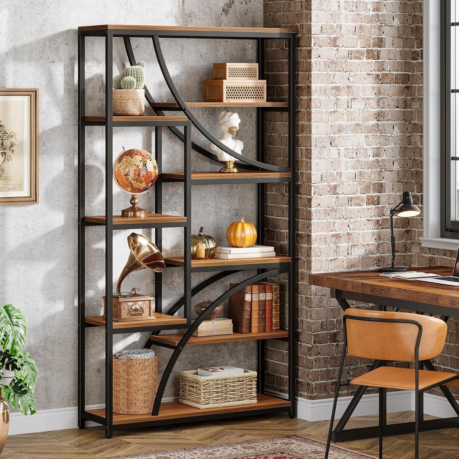 180 cm Industriestil Bücherregal, 9-stöckiges Metallregal mit geometrischem Design für Wohnzimmer in Braun-Schwarz