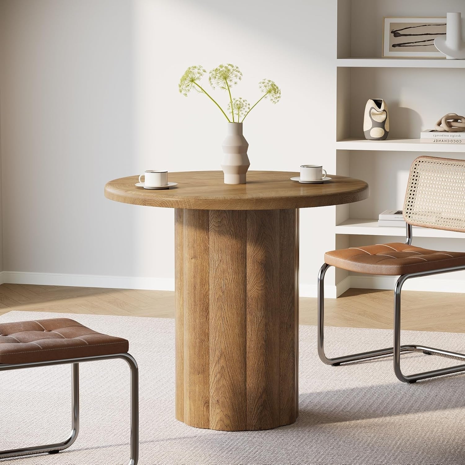 80 cm Runder Konferenztisch für 4 Personen, Bürotisch mit stabiler Basis in Braun