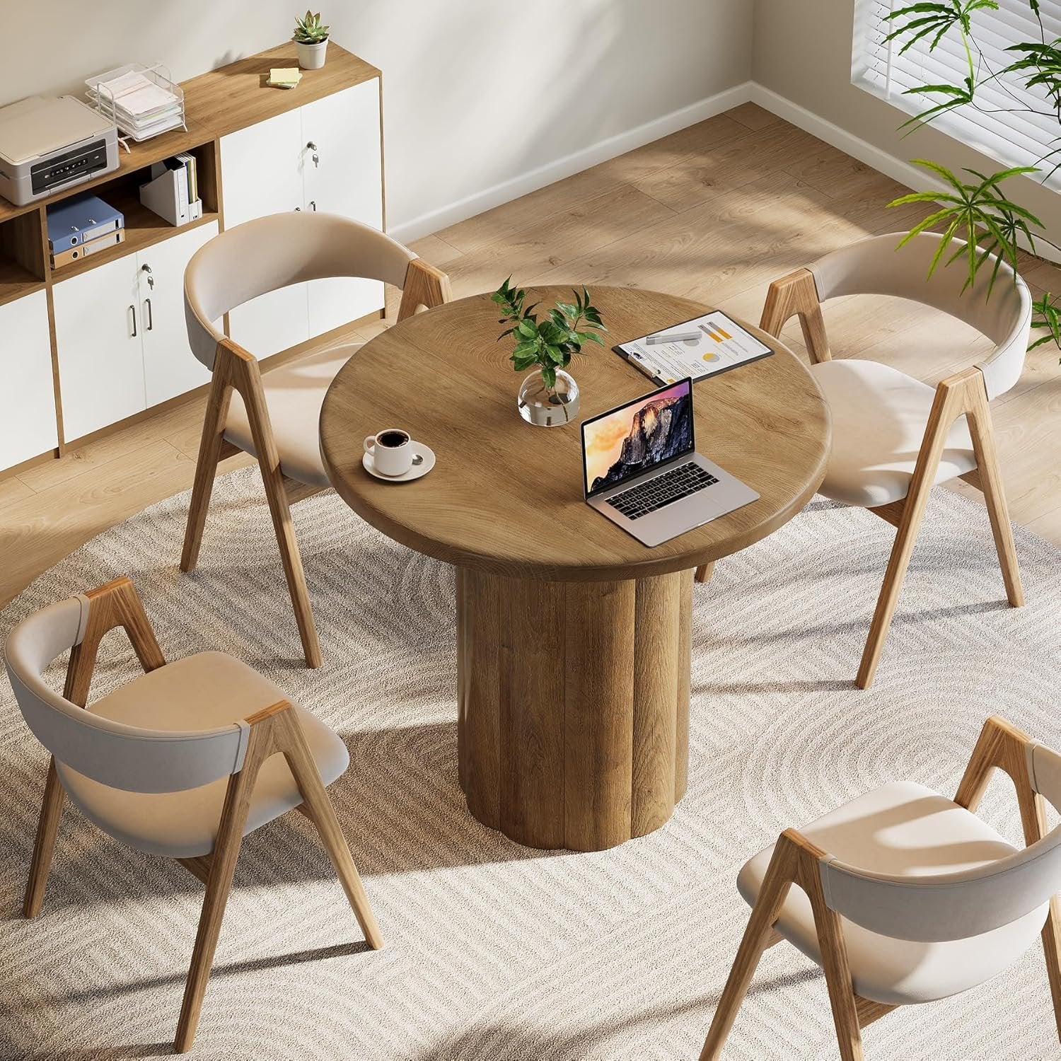 80 cm Runder Konferenztisch für 4 Personen, Bürotisch mit stabiler Basis in Braun