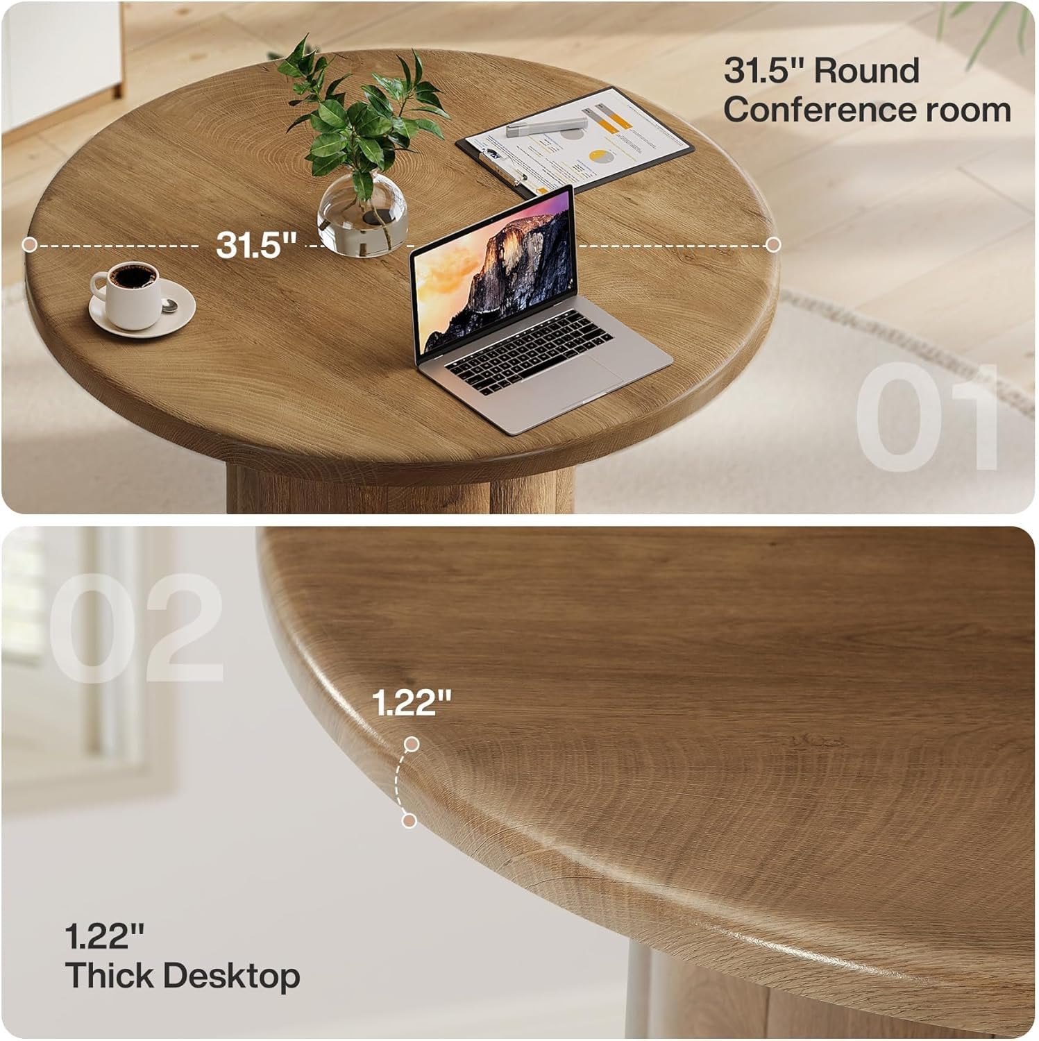 80 cm Runder Konferenztisch für 4 Personen, Bürotisch mit stabiler Basis in Braun