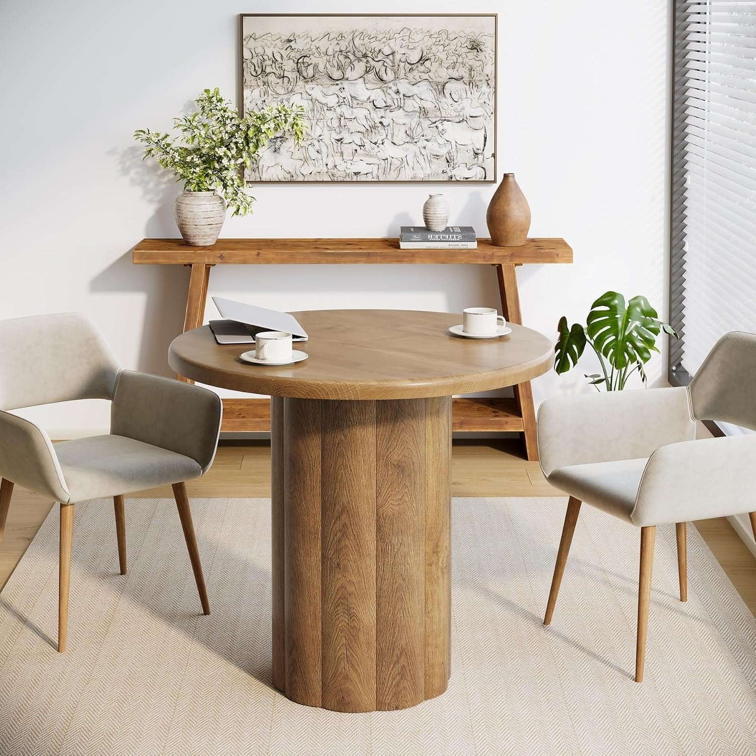 80 cm Runder Konferenztisch für 4 Personen, Bürotisch mit stabiler Basis in Braun