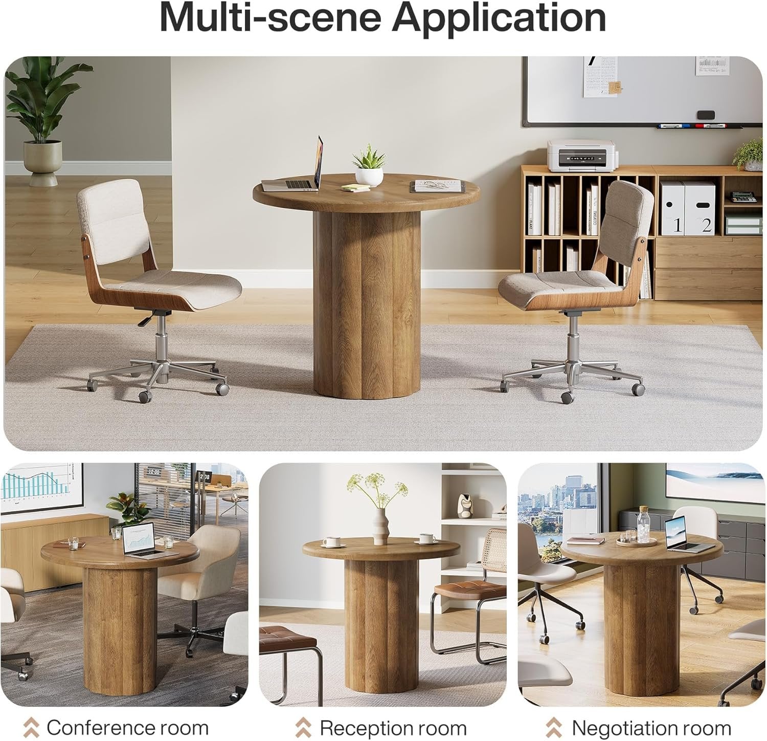 80 cm Runder Konferenztisch für 4 Personen, Bürotisch mit stabiler Basis in Braun